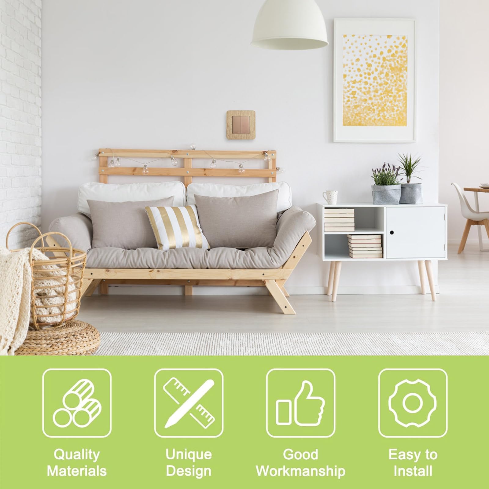 UFURMATE Light Switch Surround Cover Stick on 4Pcs Wood Grain Single Socket Switch Surround Protector Sticker for Home Office Wall Switch Decoration (Light Yellow) - Image 3