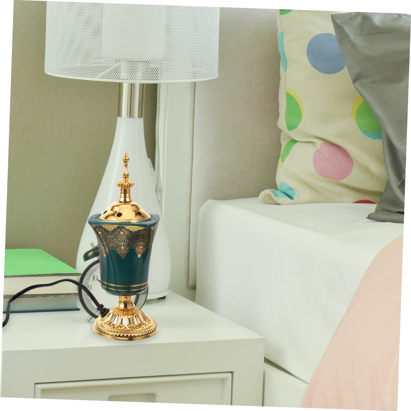 STOBAZA Elektrischer Weihrauch Räuchergefäß aus Keramik mit Eu 220v Stecker Grüner Antiker Arabischer Stil für Aromatherapie und Stilvolle Home Decoration