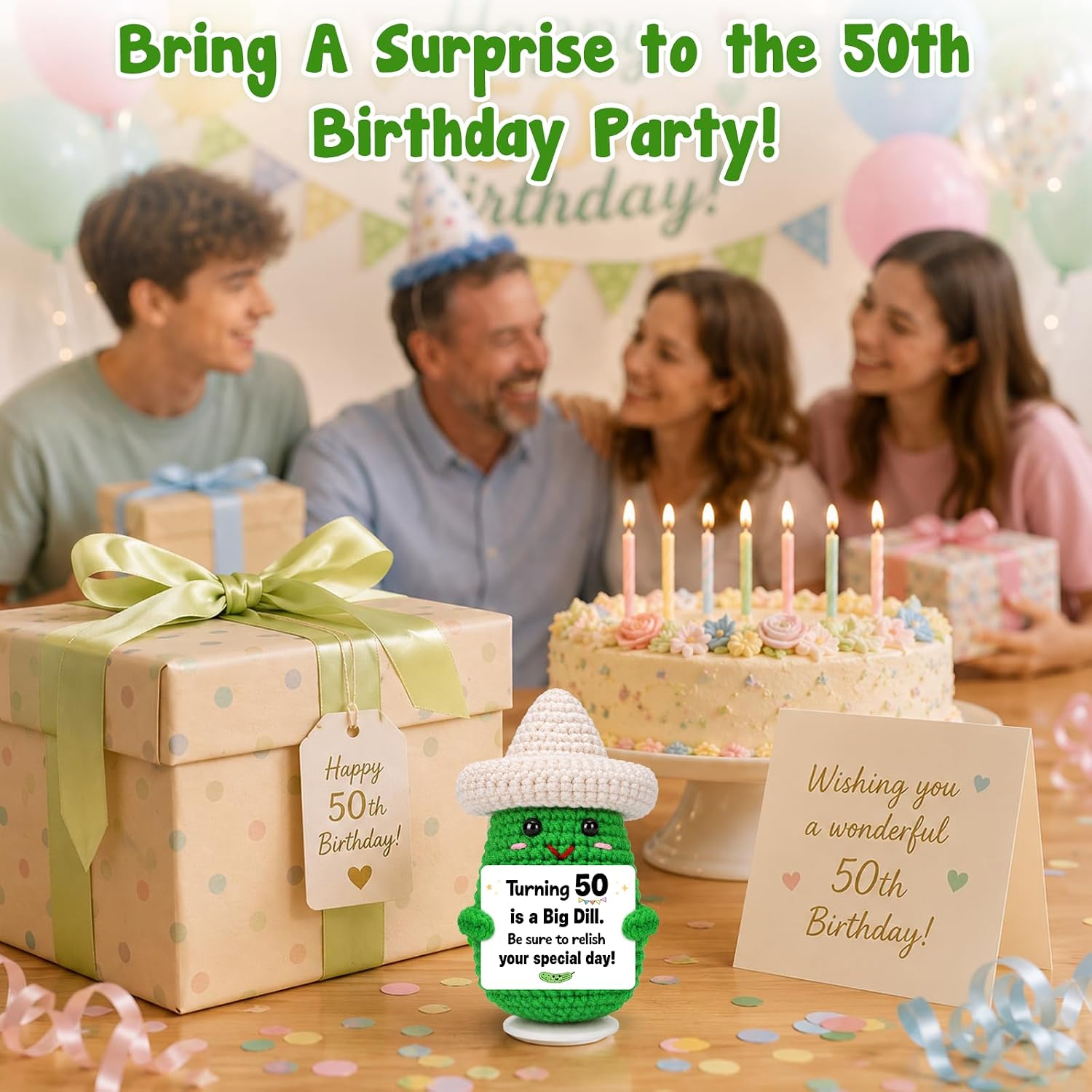 Happy 50th Birthday Gift for Her Him, Funny Crochet Pickle 50 Years Old Milestone Gifts for Mom Dad Husband Wife Brother Sister, Fifty Bday Gift for Men Women Best Friends Coworker