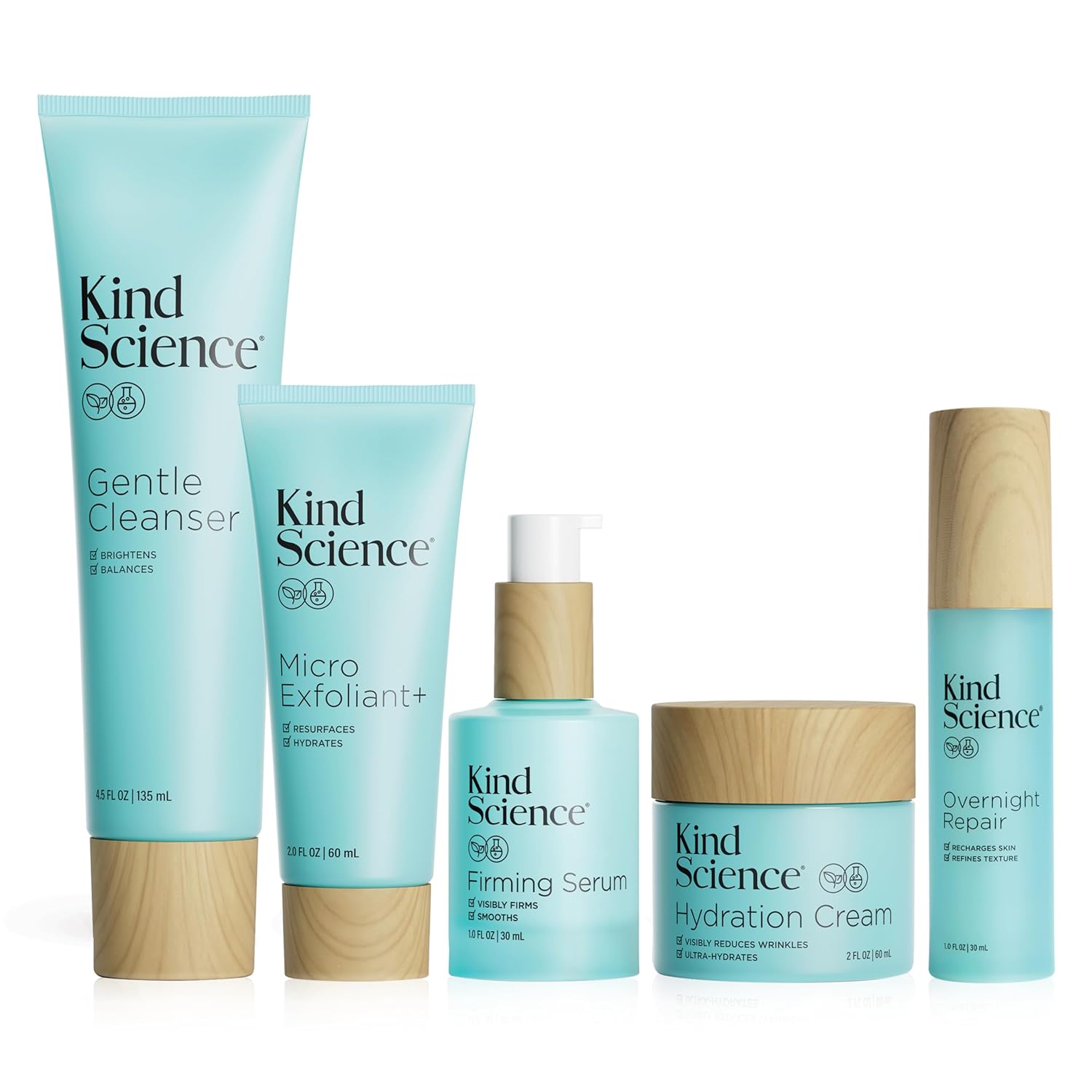 Kind Science 5-Piece Deluxe Anti Aging Skin Care Set for Day + Night Hydration, Anti Aging Treatment, Cleansing & Exfoliation - For Dry and Sensitive Skin - Fragrance Free, Cruelty Free