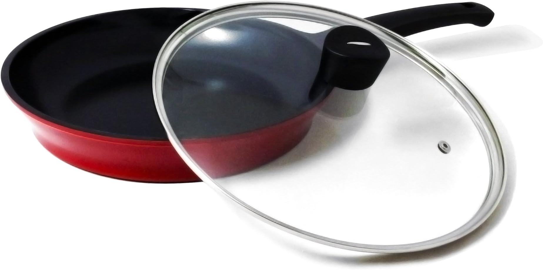 Flamekiss 10" Red Ceramic Coated Fry Pan by Amorè, Innovative & Elegant Design, Nano Ceramic Coating w/Silver Ion (100% PTFE & PFOA Free) w/Glass Lid