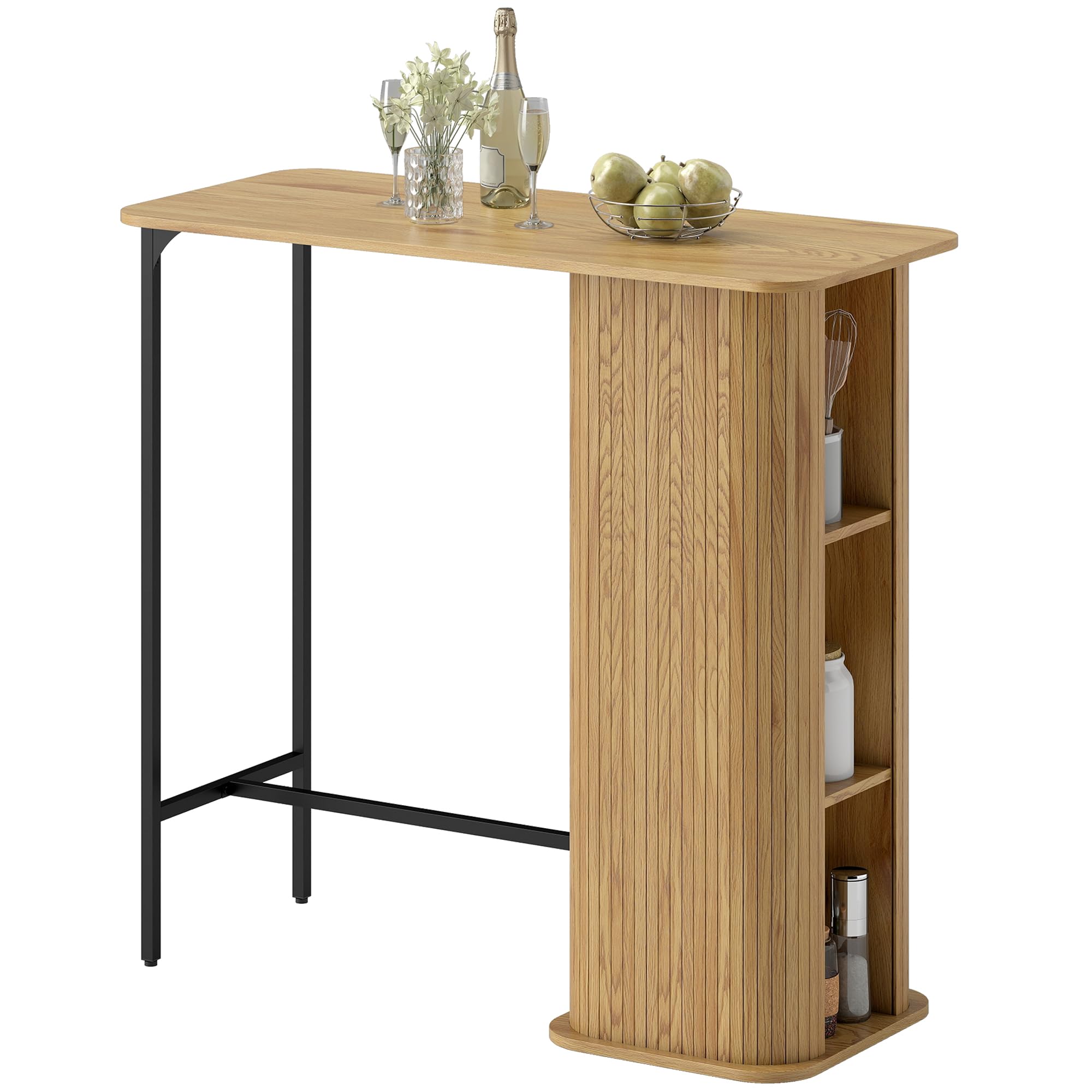 HOMCOM Table de Bar avec 3 étagères, Table Haute Mange Debout pour 2 Personnes, Style scandinave, Design à Lattes et Pieds en métal, pour Petits espaces, Cuisine, Salon, 112x50x106cm, Bois Naturel