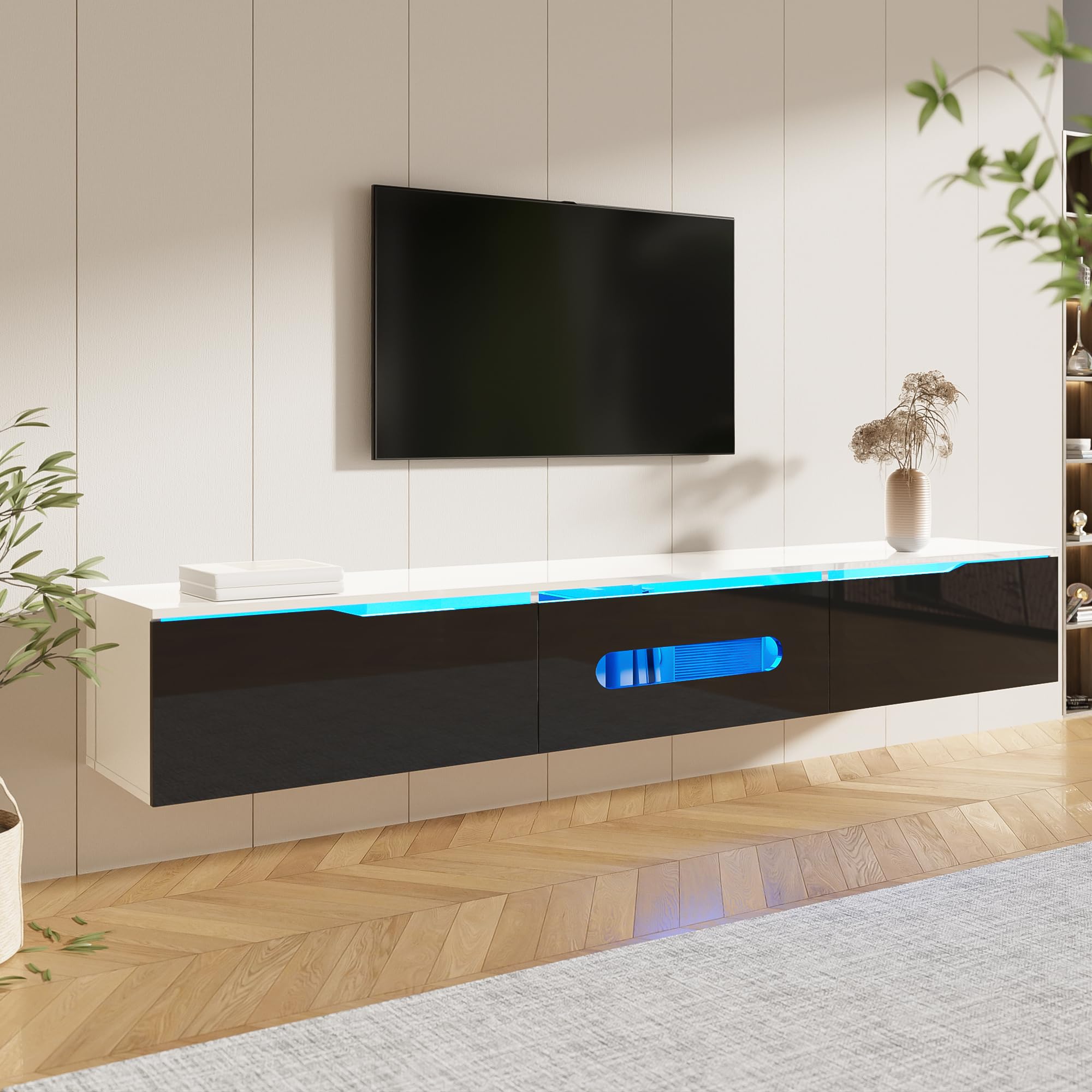 BTM Black and White TV Cabinet, 180 cm Long, High-Gloss Finish, with 16-Color LED Lighting, Wall-Mountable