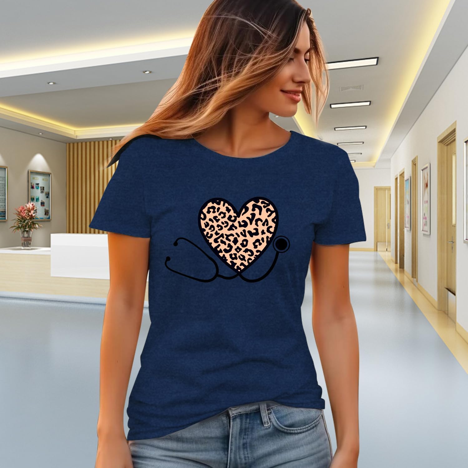Nurse Shirts for Women School Nurse Stethoscope Heart Print Tshirt Nursing Week Tee Tops - Image 3