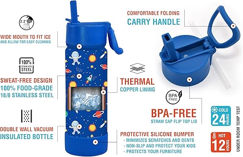 Miniatura 3 de CHILLOUT LIFE - Botella de agua aislada de 17 onzas con tapa con pajilla para niños, a prueba de fugas y bonitas calcomanías impermeables, termo de