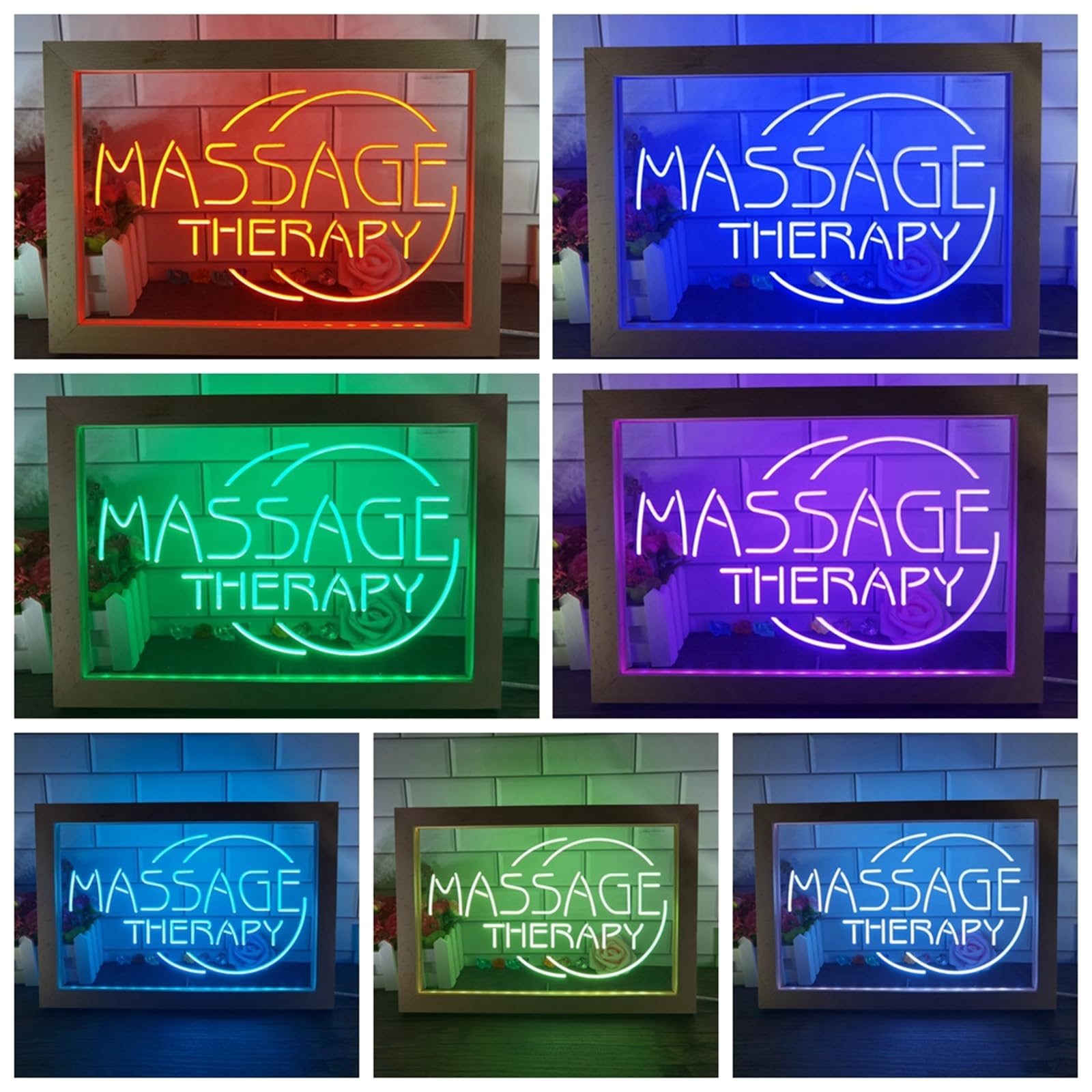 Señal de neón LED para Terapia de Masaje, salón de masajes USB RGB 7 Colores oscurecimiento Marco de Fotos de Madera lámpara de Mesa Escritorio Luces de neón,32x22cm