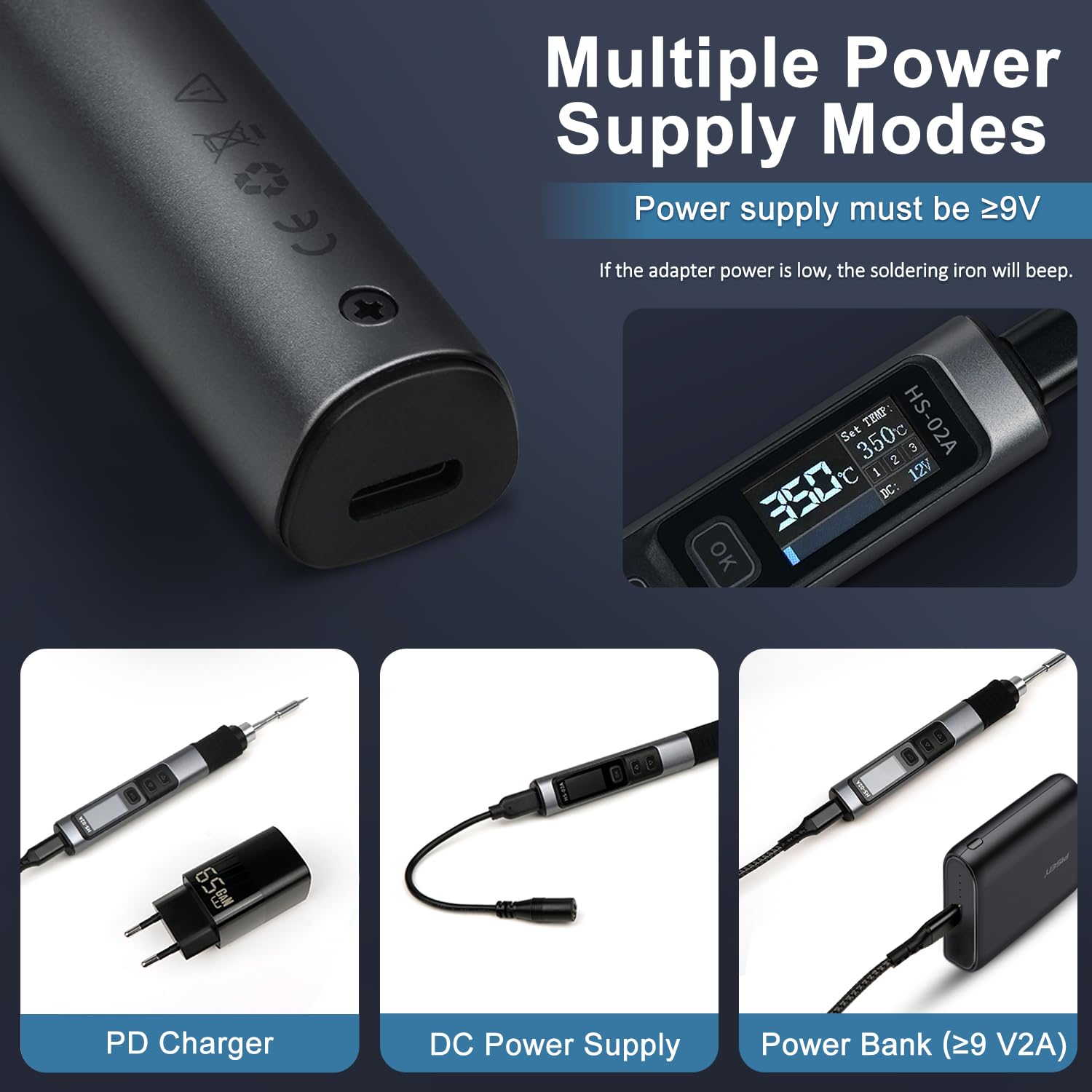 Treedix Juego de mini soldador PD/DC 65 W/100 W, soldador profesional con pantalla digital y tres puntas de repuesto, temperatura ajustable, fuente de alimentación dual PC/DC, incluye cargador PD