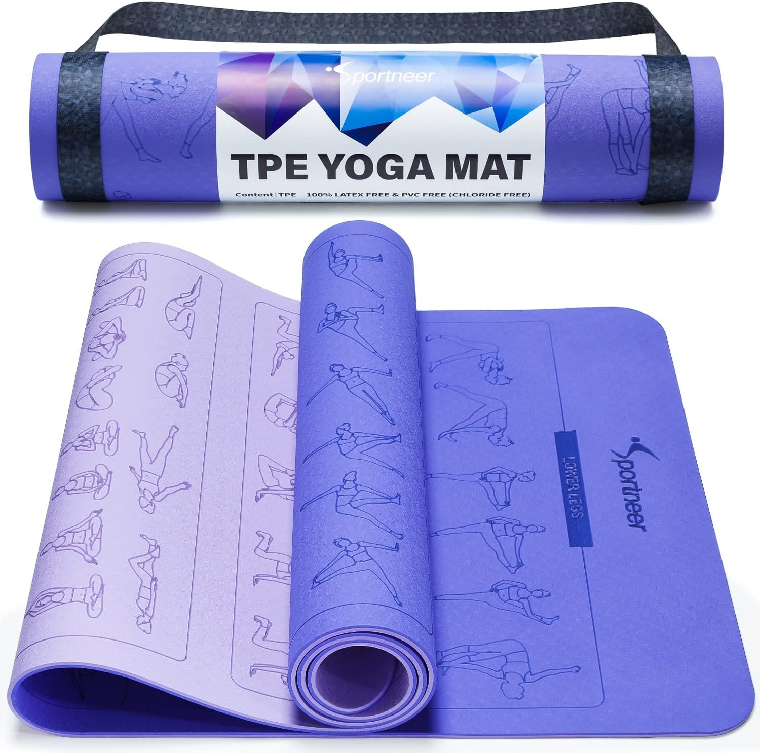 Instructional Yoga Mats with 150 Fade-proof Poses Printed on It - 24" Wide x 72" Long Double-Sided Non Slip TPE Eco-Friendly Workout Mat - 6mm Thick Exercise Mat with Carrying Strap for Beginners