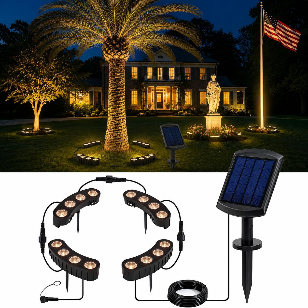 Photo 1 of Glosola Solar Tree Lights Outdoor, Ring Uplights with 360° Landscape Lighting, Warm White Solar Lights for Garden, Yard, Flag Pole, Pathway, 3-in-1 Installation (Stake/Tie/Hang), IP65 Waterproof
