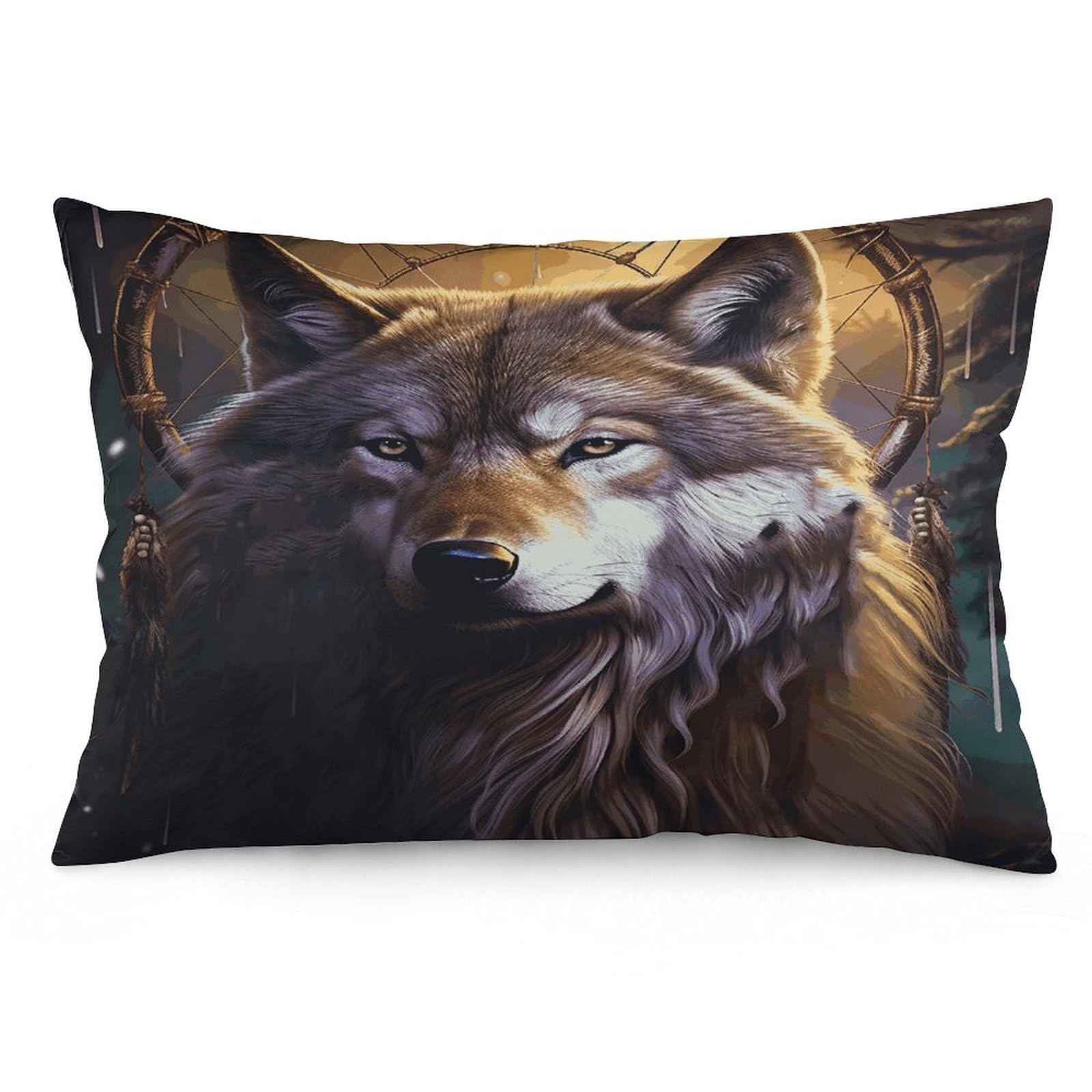 Wolves and Dream Catchers Throw Pillow Covers with Silent Zipper Polyester Pillow Protectors Removable Pillow Cases Soft Pillowcase Cozy Pillow Sham Cushion Cover for Sofa Car Bed 12 "x20