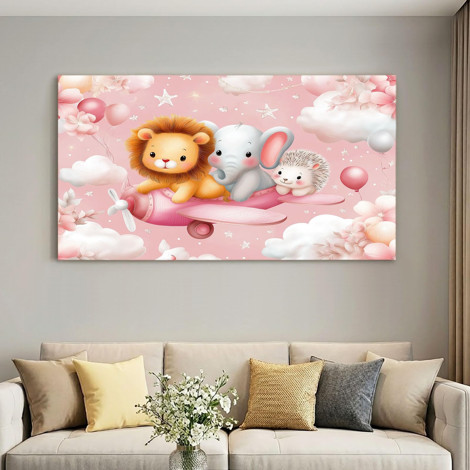 Lienzo decorativo de 70 x 50 cm, diseño de león rosa, diseño de avión y estrellas, para salón, dormitorio, oficina