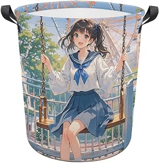 13.8 × 13.8 × 17.3 Inches Collapsible Laundry Baskets Amusement Park Swing Printed Waterproof Laundry Hamper Foldable Dirty Clothes Storage Bin for Bathroom Bedroom Office