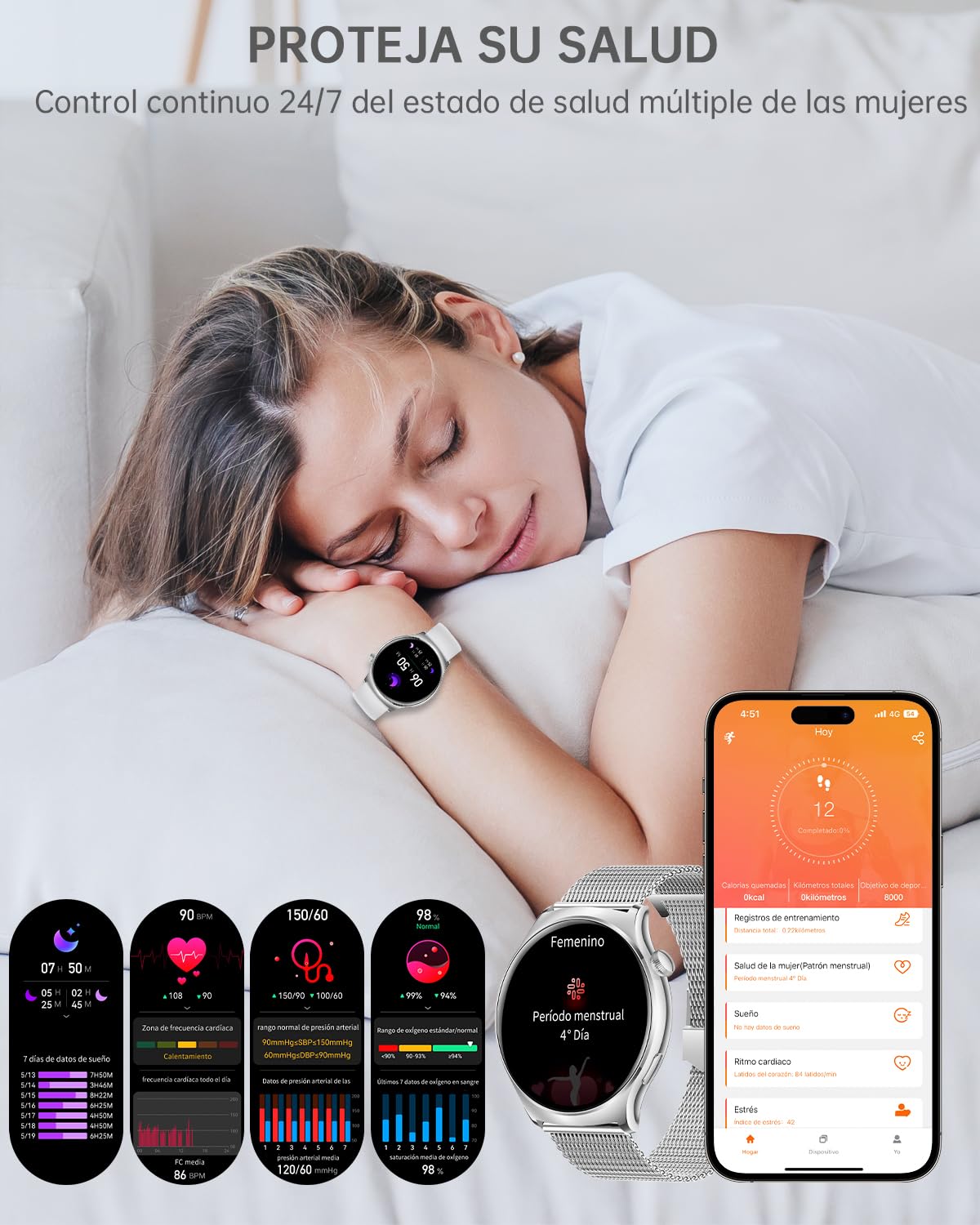 Reloj Inteligente Mujer con Llamadas y WhatsApp Notificaciones 1.43" AMOLED Smartwatch Mujer para iOS Android 3 Correas Pulsera Actividad con Pulsómetro/Monitor de Sueño/Podómetro 110+ Deportes, Plata