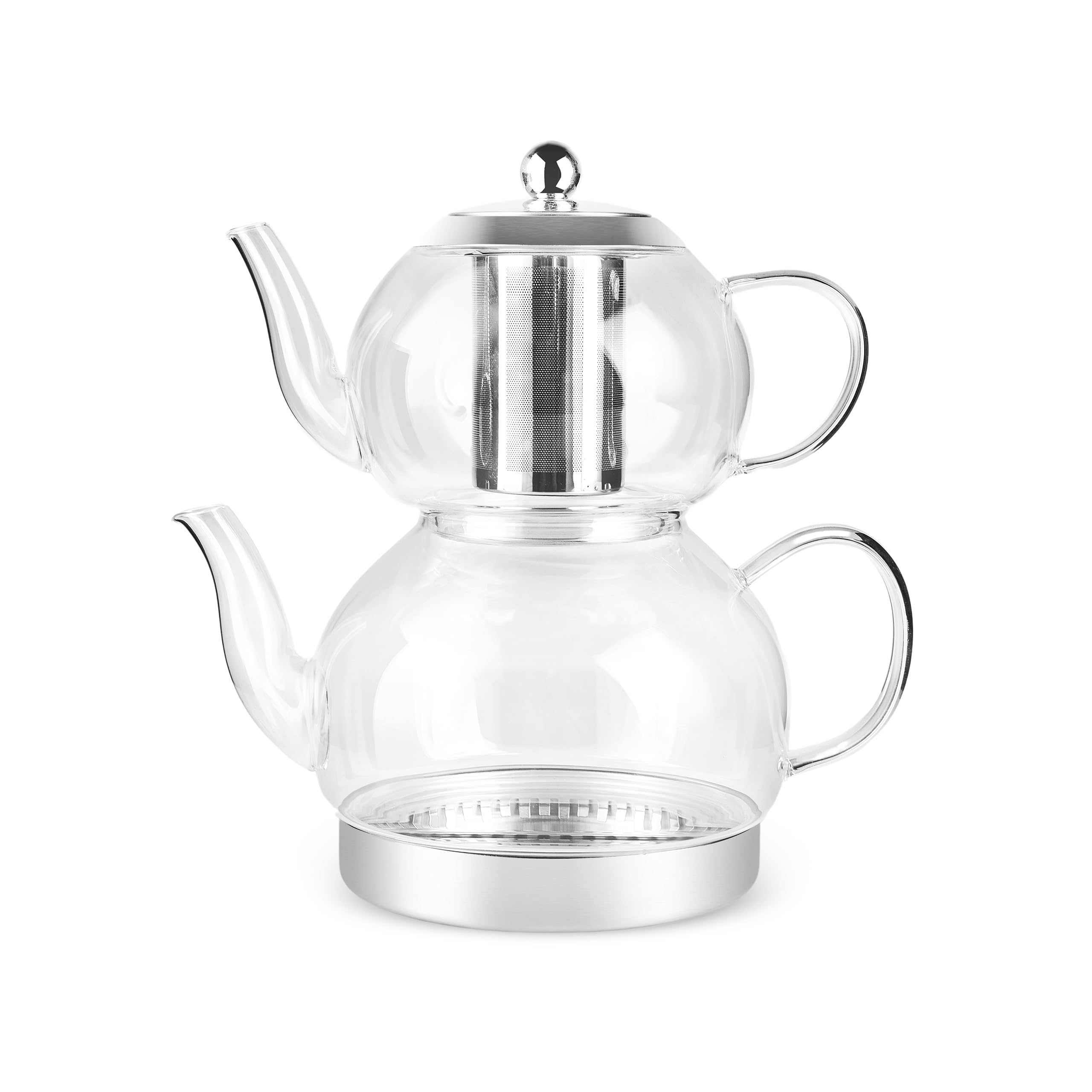Karaca Pandora Borosilicate Glass Teapot Set with Stainless Steel Infuser, 2L Kettle & 1L Glass Teapot with Strainer, Turkish Tea Pot, Caydanlik, Turkish Tea Maker for Herbal Tea, Loose Tea