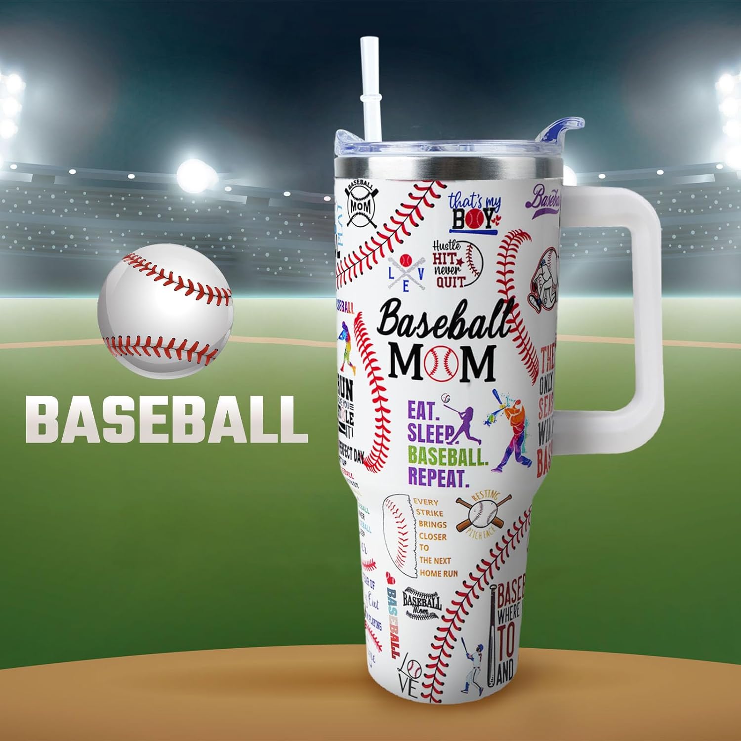 Baseball Mom 40 oz Tumbler with Handle and Straw Lid Leak Proof - Baseball Mom Tumbler for Mothers Day Gifts for Mom Women - Stainless Steel Cup Dishwasher Safe