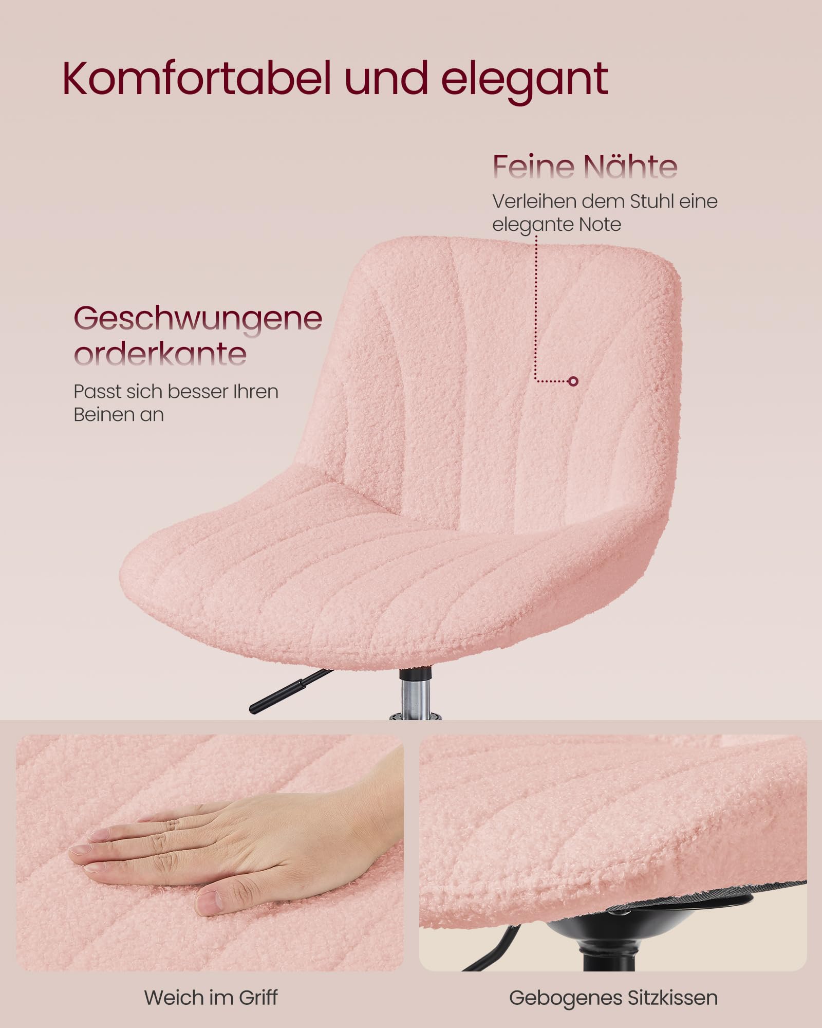 VASAGLE Schminkhocker, Schminkstuhl mit Rückenlehne, höhenverstellbar, um 360° drehbar, für Schlafzimmer, Esszimer, Sherpa-Bezug, Pastellrosa LJB160S101