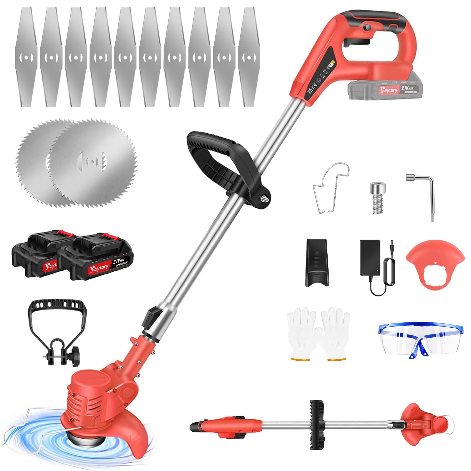 Debroussailleuse Electrique sans Fil，1500mAh Coupe Bordure avec 2 Batterie et Lames et Chargeur, avec 21 Accessoires，Coupe-Herbe Télescopique Réglable pour Jardin, Pelouse, Buissons, Rouge