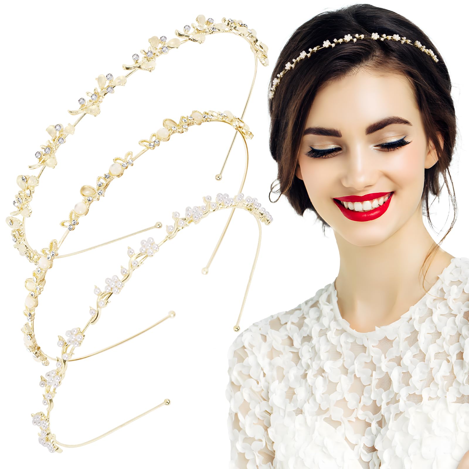 BETESSIN 3pcs Diadema Nupcial Boda Novios, Diadema Mujer Estrecha Boda, Diadema Cristal Mujer Fina con Diamante Imitación, Diadema Dorada Perlas Brillante Flores de Moda para Fiesta Princesa Pelo