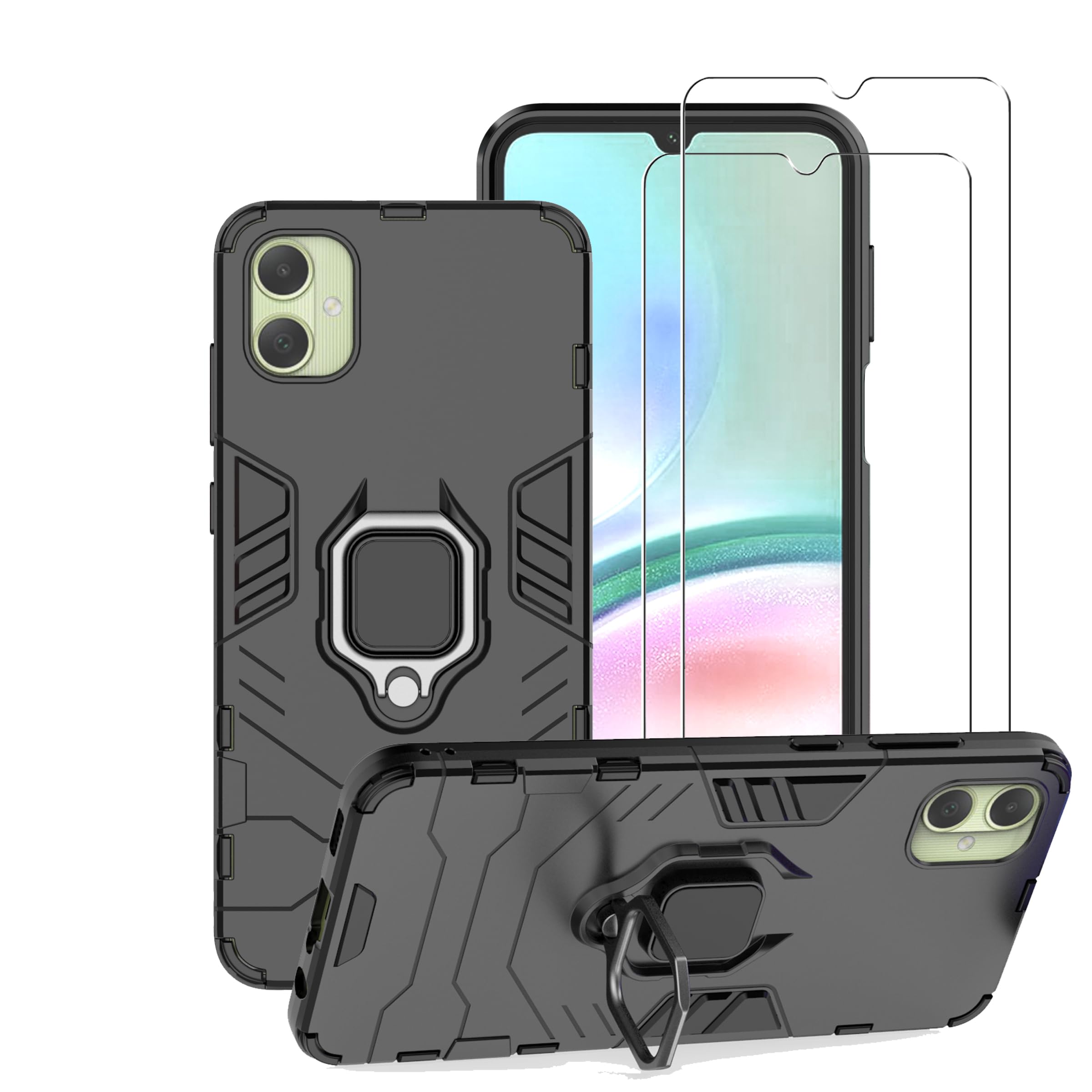 for Samsung Galaxy A05 Case Cover with Glass Screen Protector [2 PACK] Heavy Duty Dual Layer Military Grade Shockproof Protective Cover with Magnetic Ring Kickstand - Black