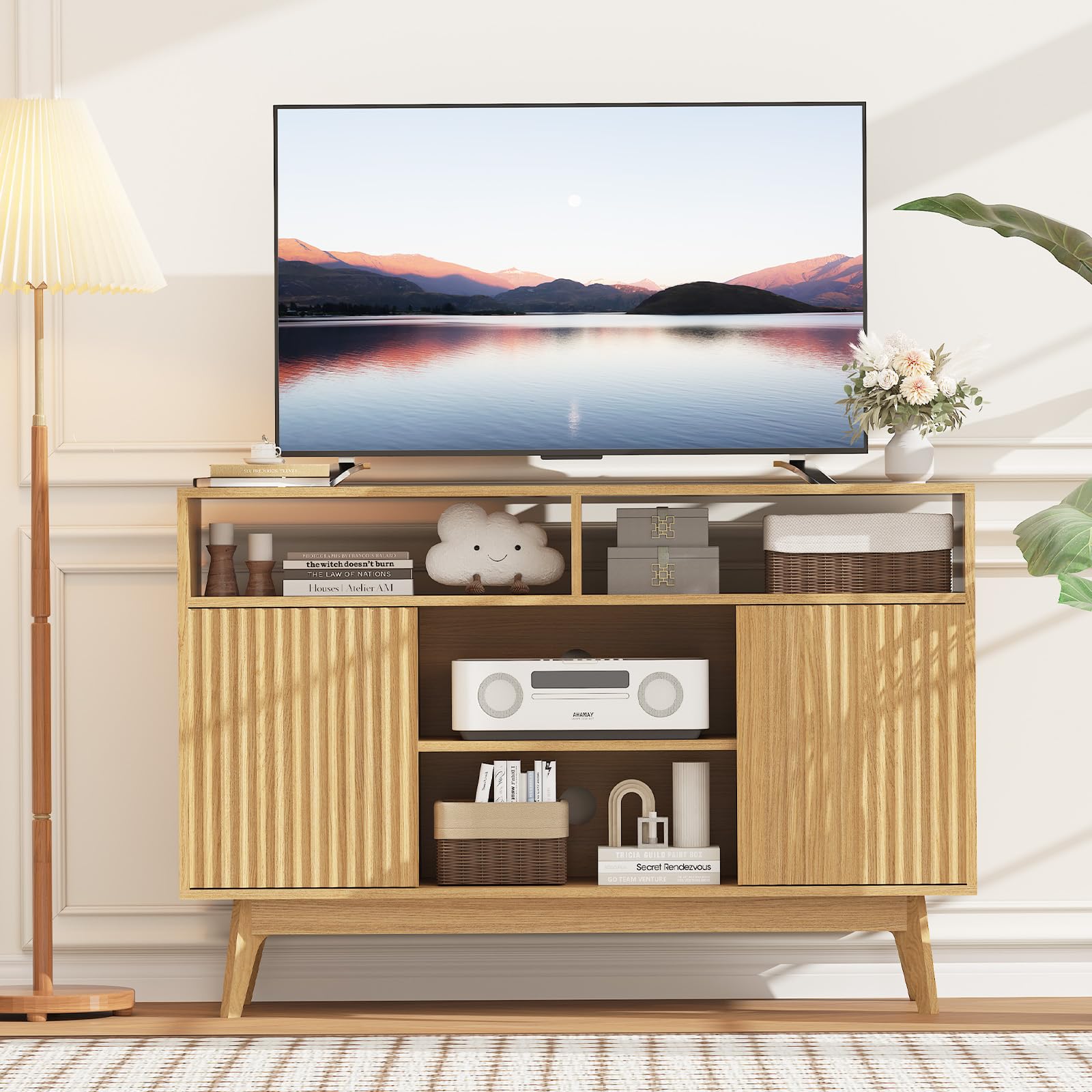 Concho Fluted TV Stand for 60 Inch TV, Modern Entertainment Center with Storage and Shelves, Wood TV Console with Solid Wood Legs, Tall Media Console, TV Cabinet for Living Room and Bedroom, Oak