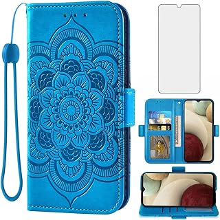Asuwish Compatible with Samsung Galaxy A12 Wallet Case and Tempered Glass Screen Protector Flip Cover Credit Card Holder Stand Cell Phone Cases for Glaxay A 12 5G Gaxaly A-12 S12 12A 4G Women Men Blue