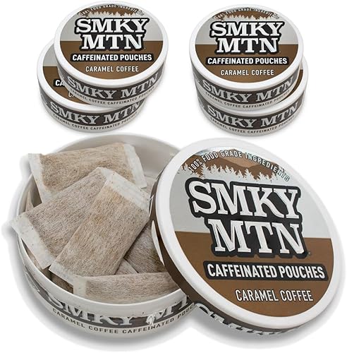 Smokey Mountain Bolsas con cafeína, sabor a café caramelo, sin tabaco y sin nicotina, 5 latas, 15 bolsas por lata
