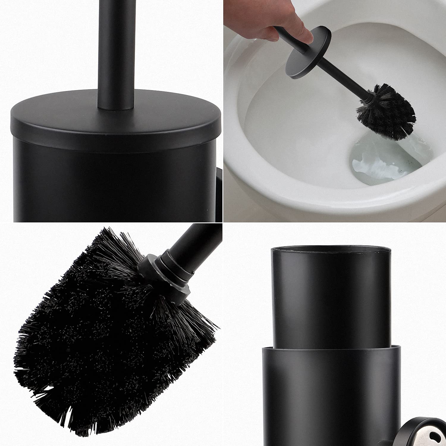 EXLECO 2Pcs Escobillas de Baño Pared, Autoadhesivo Acero INOX Escobillero para WC con Mango Largo, Protección contra Salpicaduras y 2 Cepillo (Mate Negro)