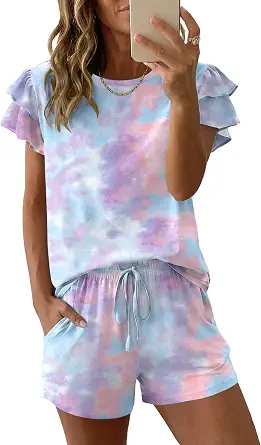 Ekouaer Women's Pajama Sets 2 Piece Ruffle Sleeves Top and Shorts PJs