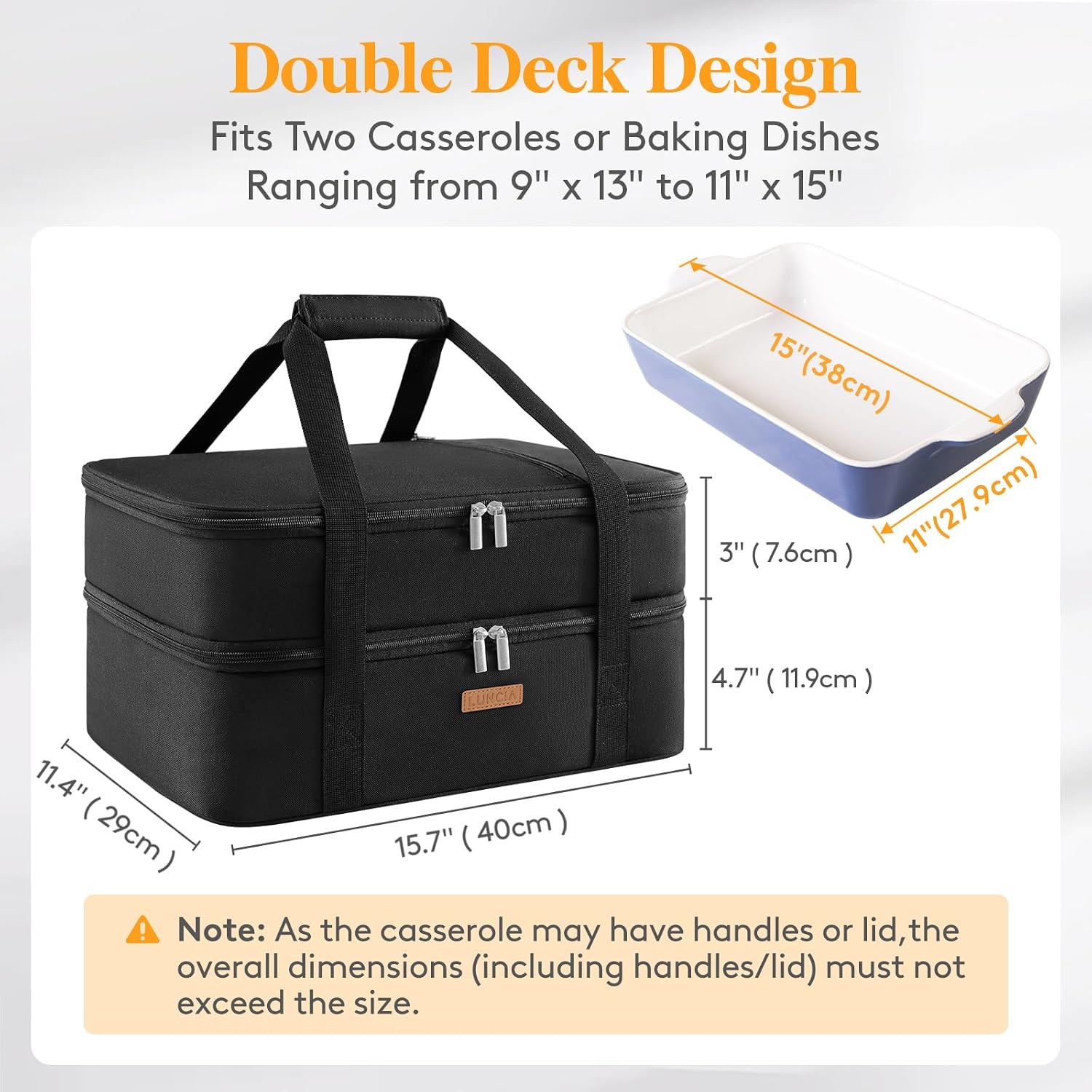 LUNCIA Insulated Double Decker Casserole Carrier, Lasagna Lugger Tote image 2