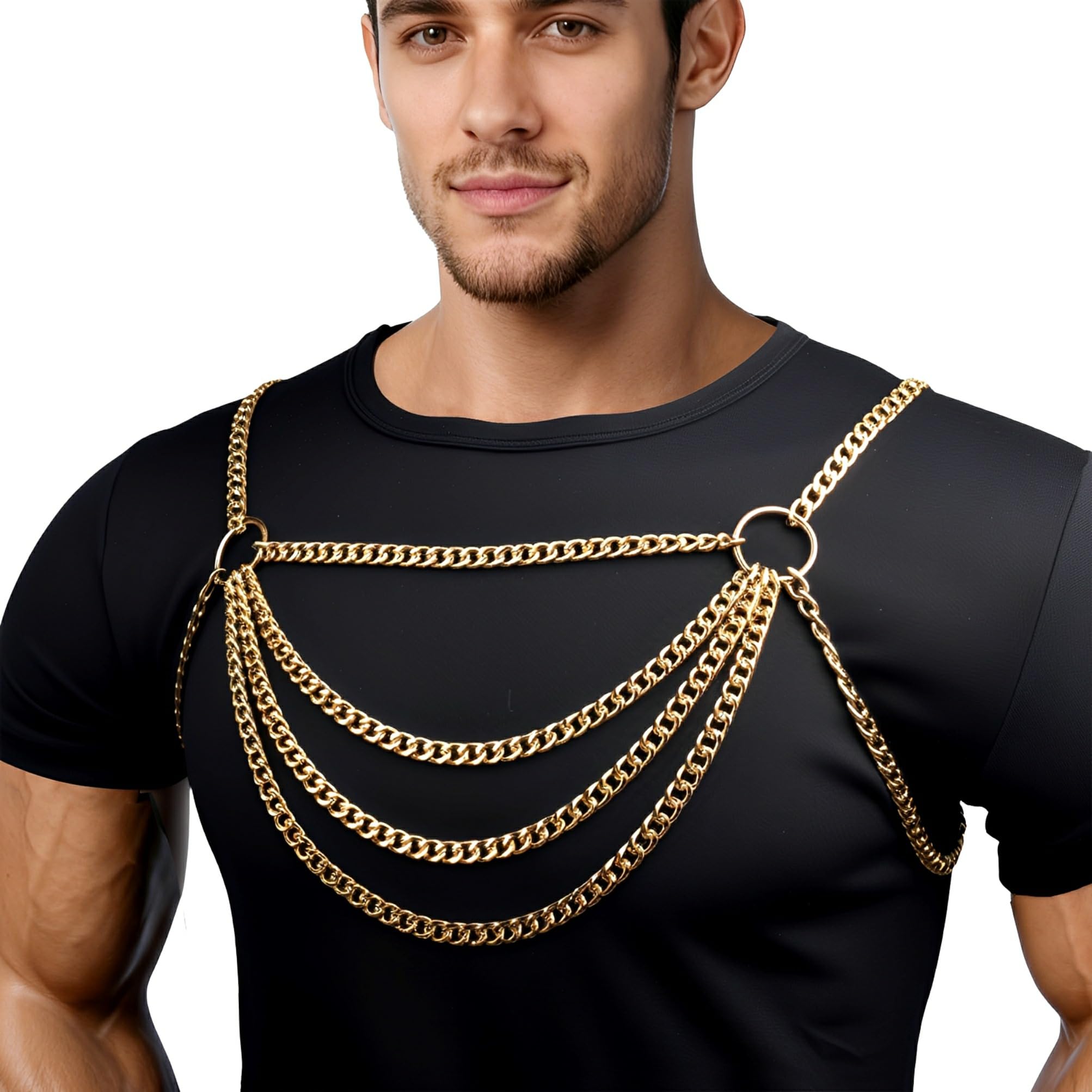 BPZXL Men's Chest Belt Chain Costume Fashion Male Punk Shirt Festival Outfit Shoulder Belt Mens Rave Outfit for Music Festival Rave Party Cosplay Halloween ZX160 (Gold)