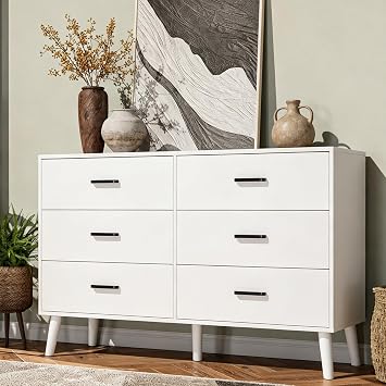 Bigbiglife Wood Dresser for Bedroom, 6 Drawer Dresser with Metal Handles, Mid Century Modern Chest of Drawer Large Storage Organizer for Living Room, Closet White