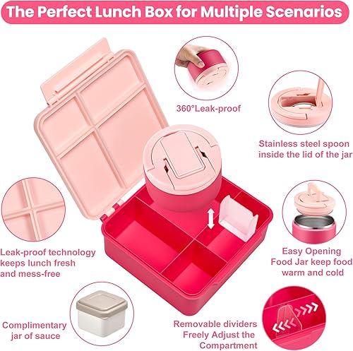 Miniatura 6 de Lonchera Bento con termo de sopa de 8 onzas, a prueba de fugas, 4 compartimentos, para niños, con taza de salsa y bolsa de hielo, tarro de comida