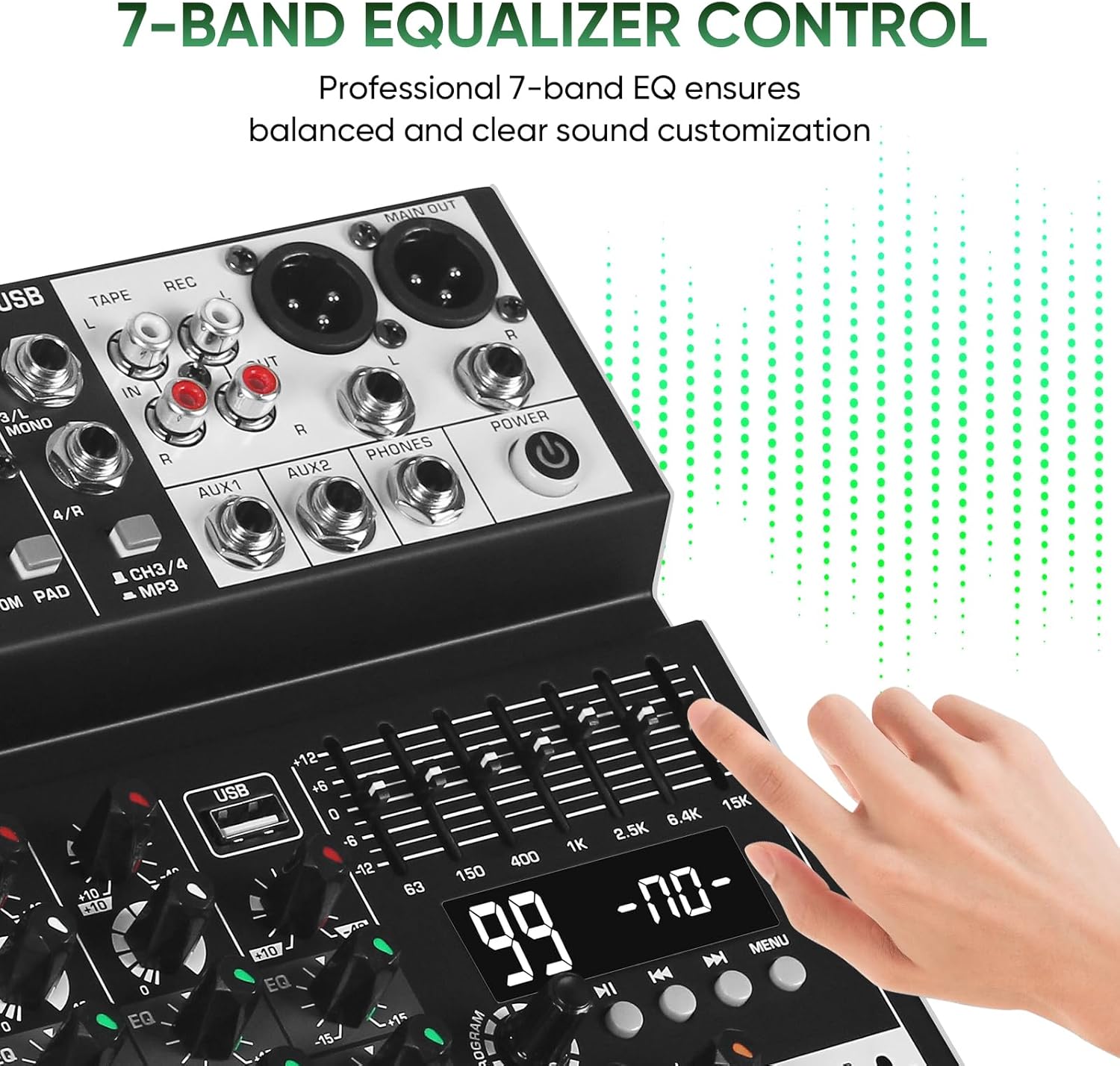 Audio Mixer 4 Channel Sound Mixer Console, Professional Music Mixing Board DJ Mixer w/ 99 DSP, 7-band EQ, USB, Bluetooth, 48V Phantom Power & PAD Function for Recording PA Live Streaming
