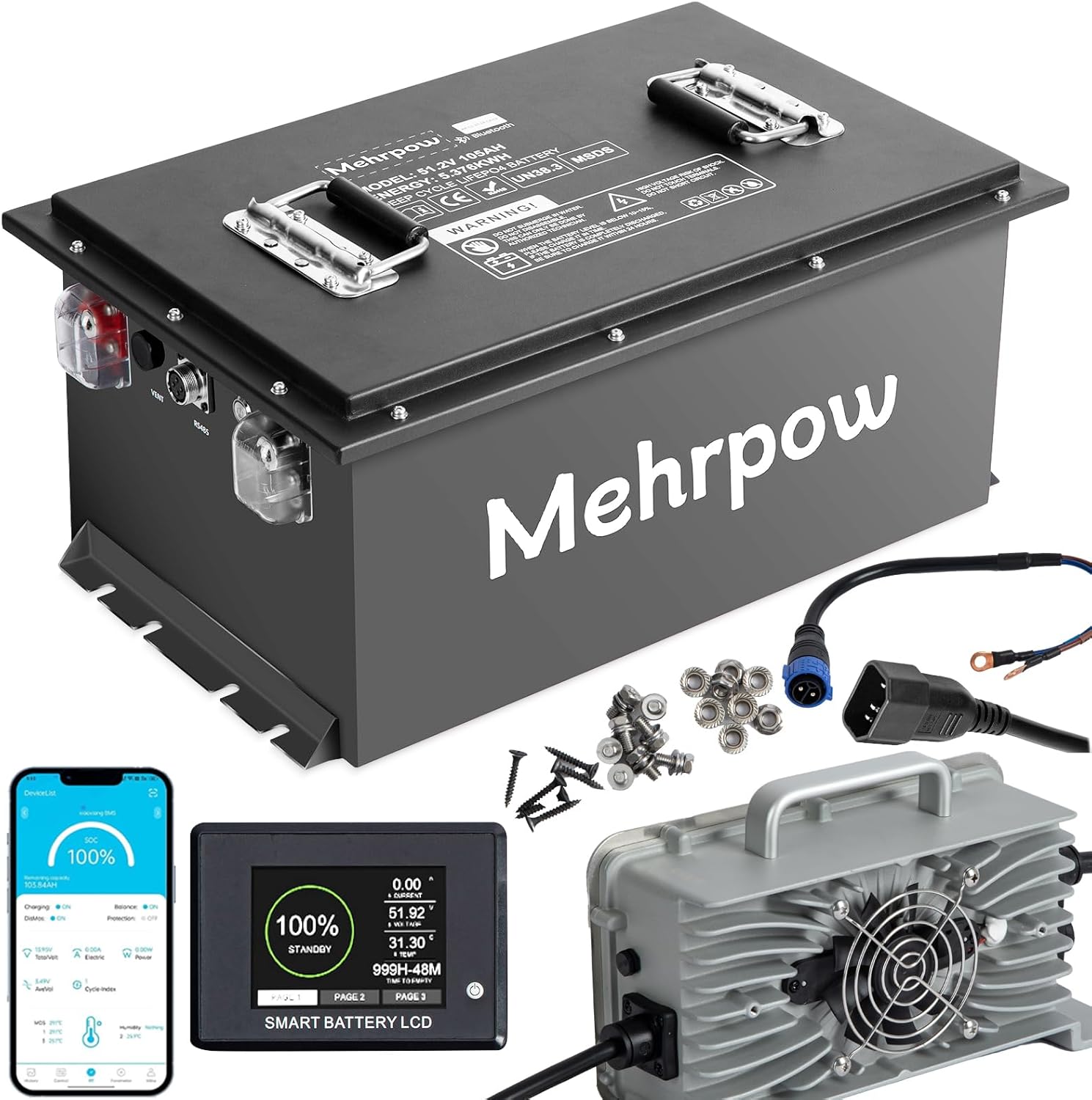 Mehrpow 48V 105Ah Lithium Golf Cart Battery with charger and display