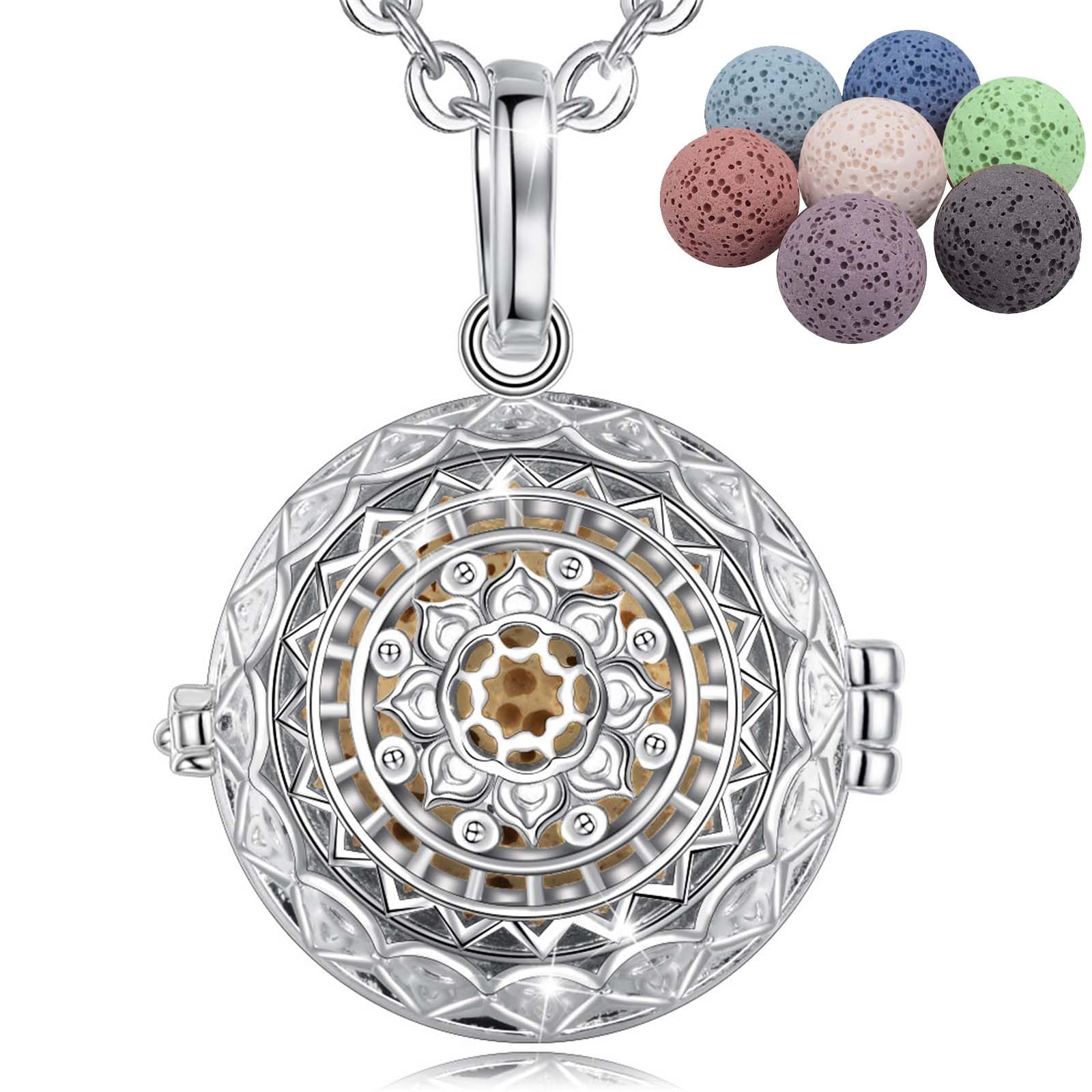 INFUSEU Aromaterapia Olio Essenziale Diffusore Collana Ciondolo Medaglione D'argento 5 PZ Lava Pietre Con 24 "Catena, Regalo per le Donne