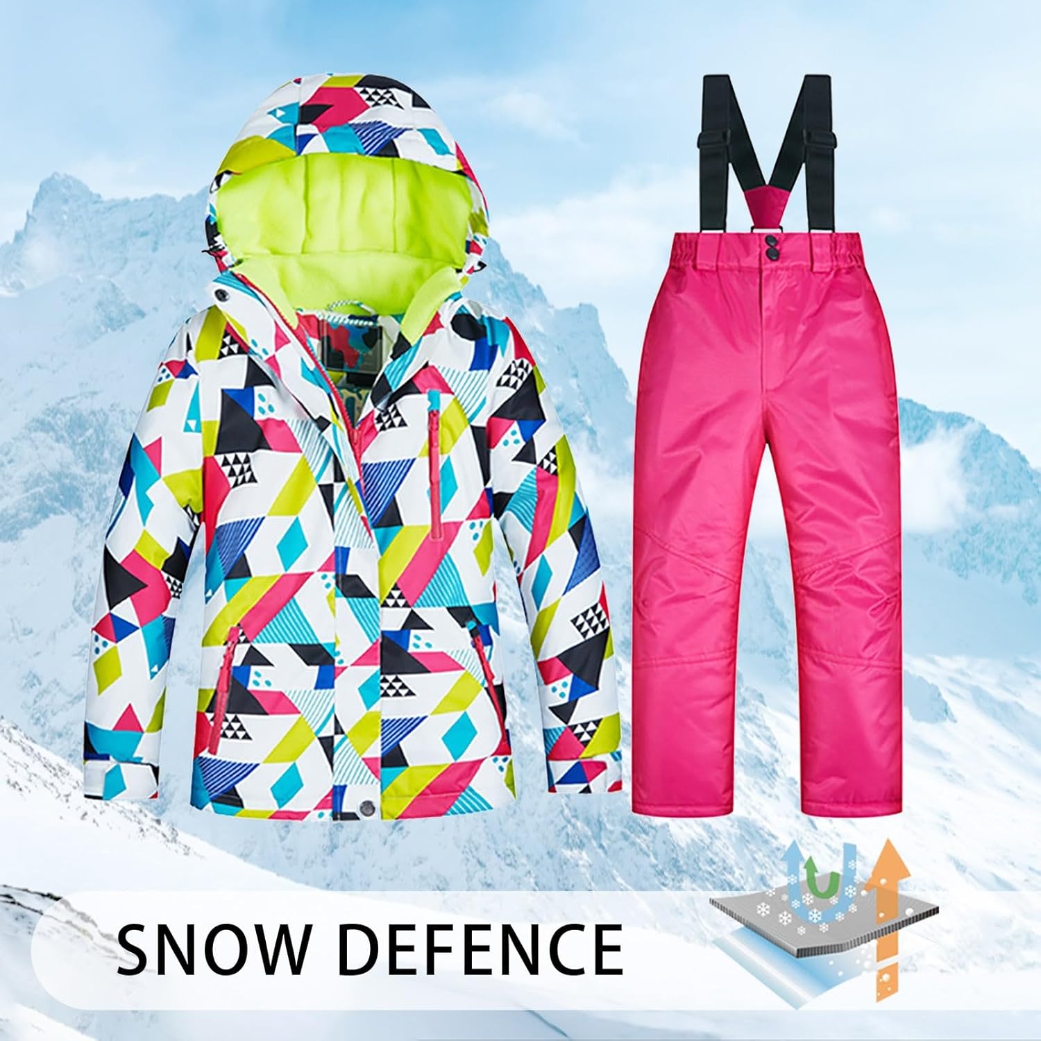 Boys Girls Ski Pants Set Windproof Zip-Up Thermal Hoodie Snowsuit Overalls Set Waterproof Winter Ski Suits Outfit