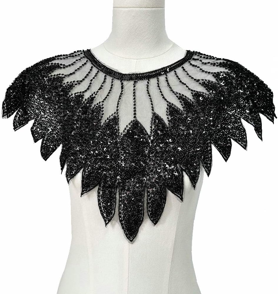 Bead Sequin Mesh Bottom Embroidery Handmade Collar New DIY Front Collar Clothing Patch Decorative Accessories (Black)