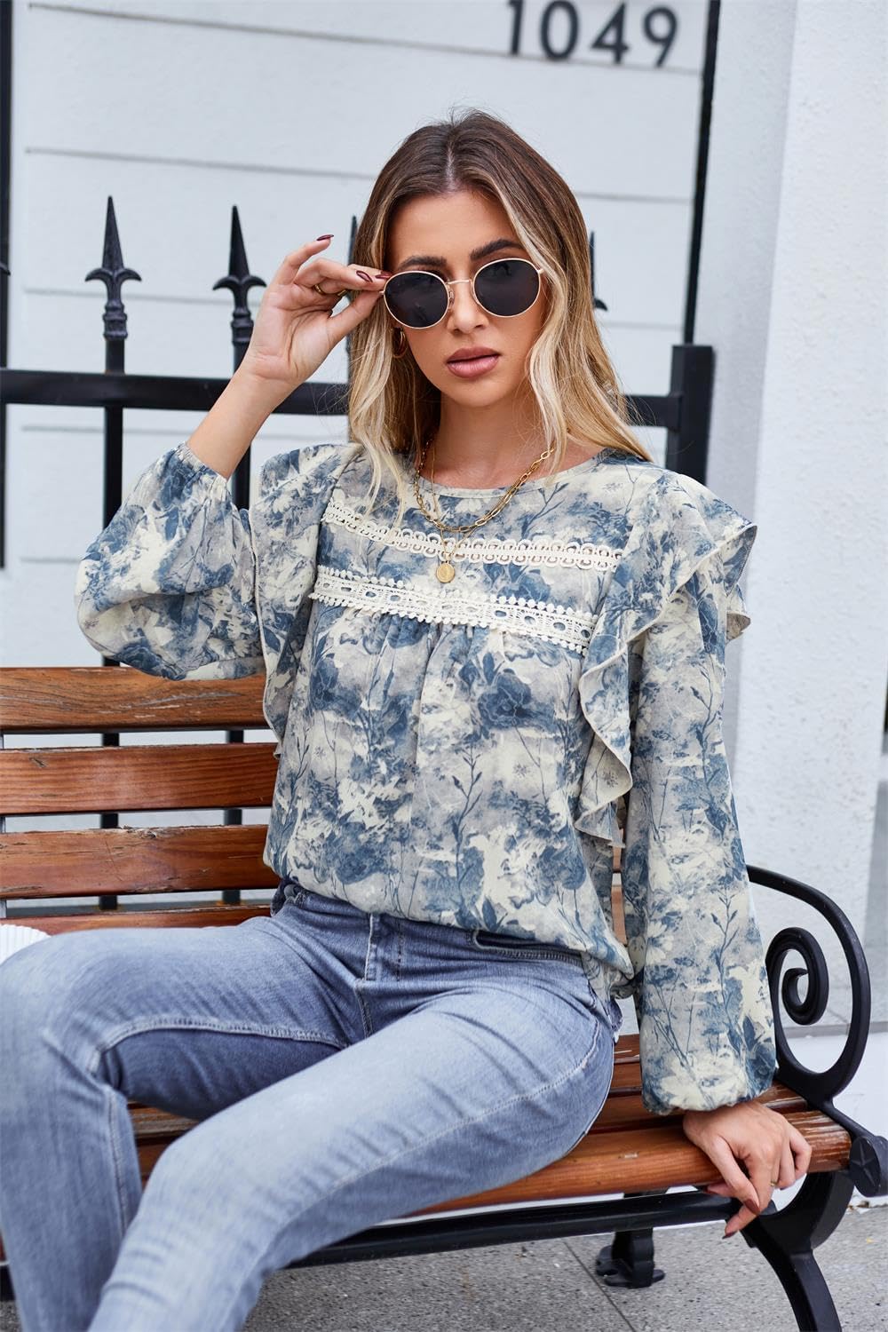 Women's Long Sleeve Blouses Casual Loose Shirts Ruffle Trim Crew Neck Tops Dressy Tunic Tops - Image 4