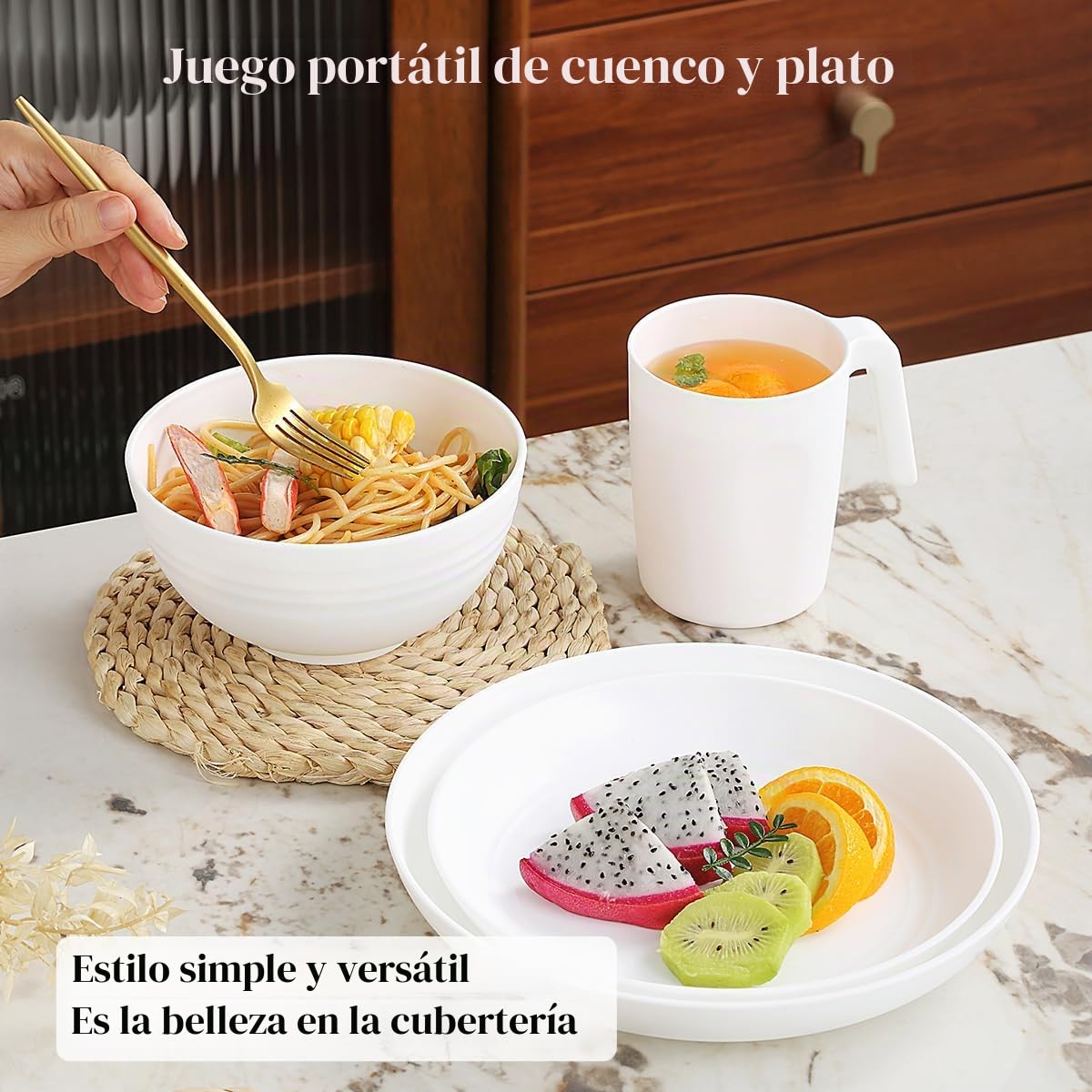 Berglander vajilla de plástico blanco Servicio de 24 piezas para 6, juegos de platos y tazones reutilizables incluye platos de cena, plato de postre, tazones de cereales, tazas para el hogar, jardín