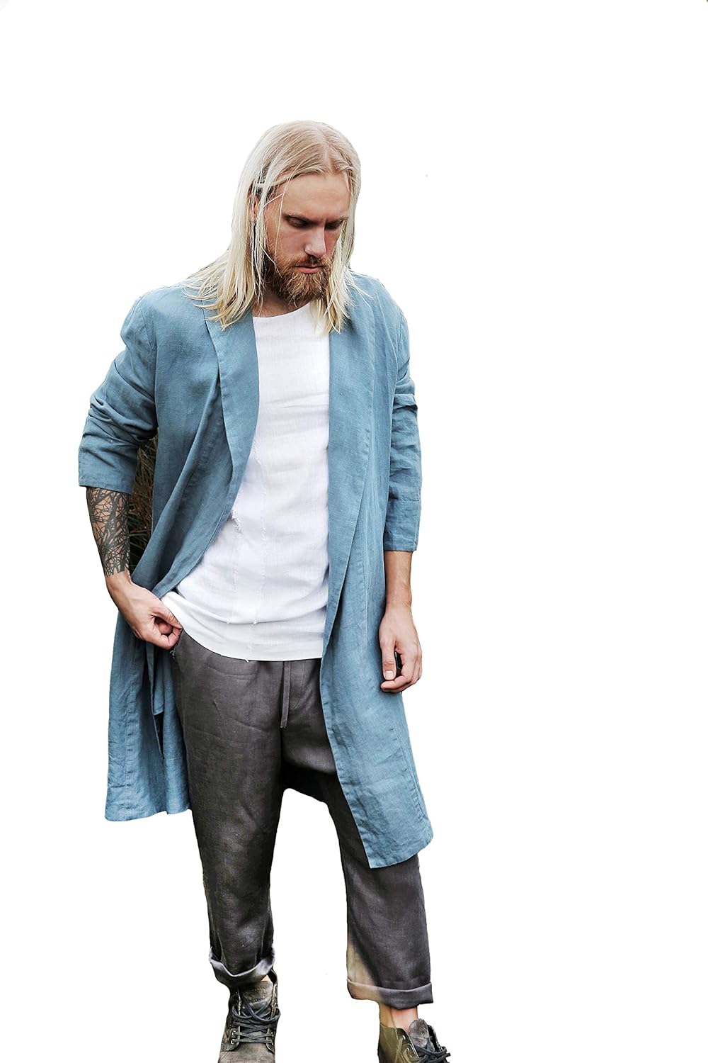 BlackFicus Mens Linen Robe 100% Linen Organic Clothing Beach Summer Robe
