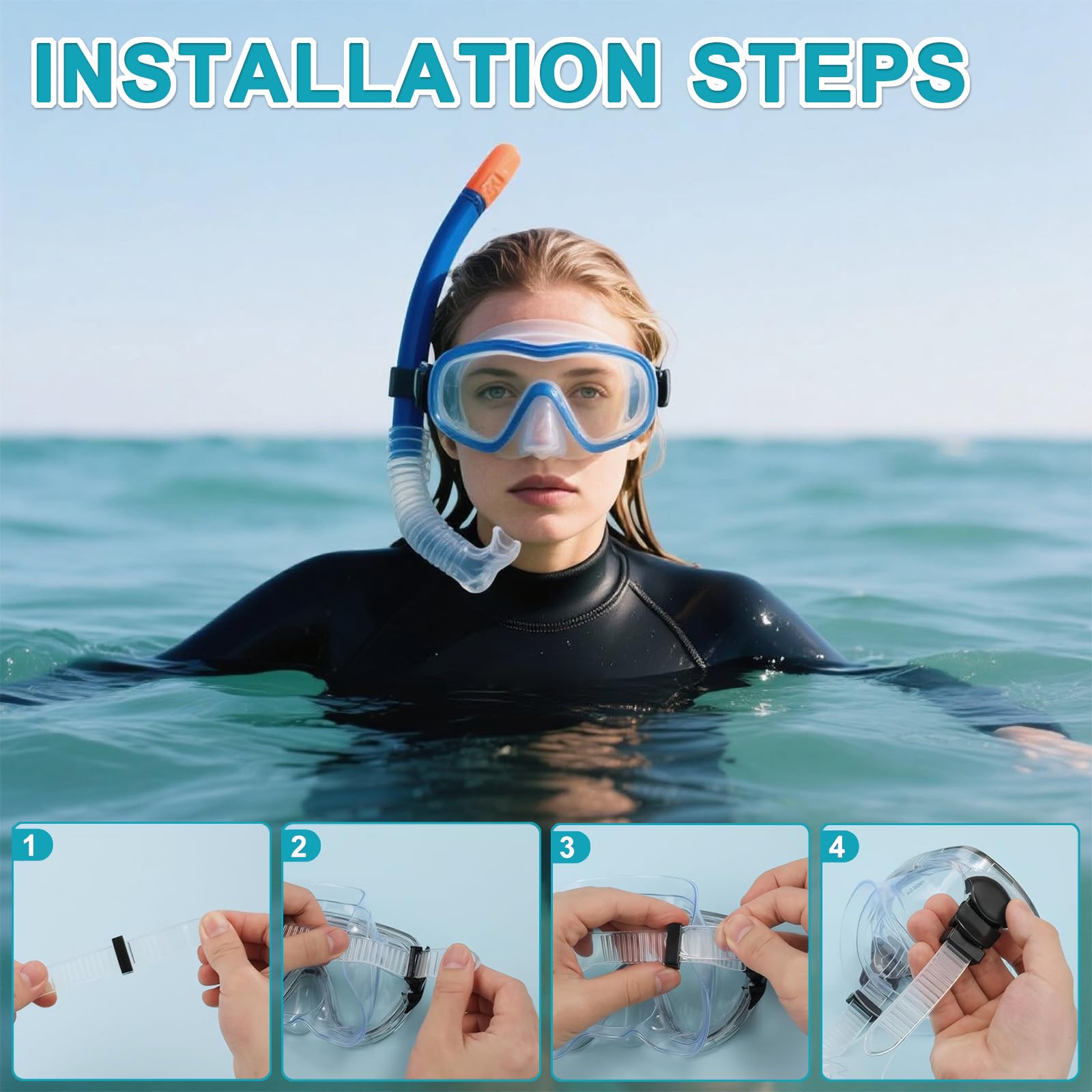 Cinghie per maschera subacquea, cinghie regolabili in silicone per immersioni, snorkeling e maschere subacquee, morbide e resistenti, 2 pezzi, bianco/nero, 56 x 1,8 cm - 5