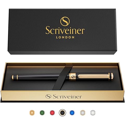 Scriveiner Black Lacquer Rollerball Pen - Stunning Luxury Pen, Real Gold Plating, Schmidt Ink Refill, Best Roller Ball Gift Set for Men & Women, Professional, Executive Office, Nice Pens