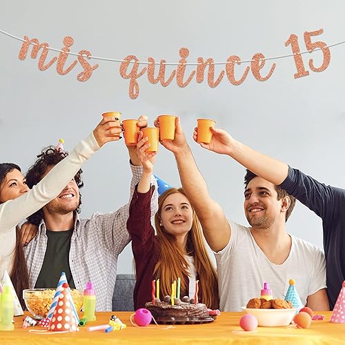 Miniatura 3 de Cartel de 15 membrillo con purpurina de oro rosa, Cheers to 15 Years15 Years Loved and BlessedI'm 15 Bitches, decoraciones de fiesta de cumpleaños