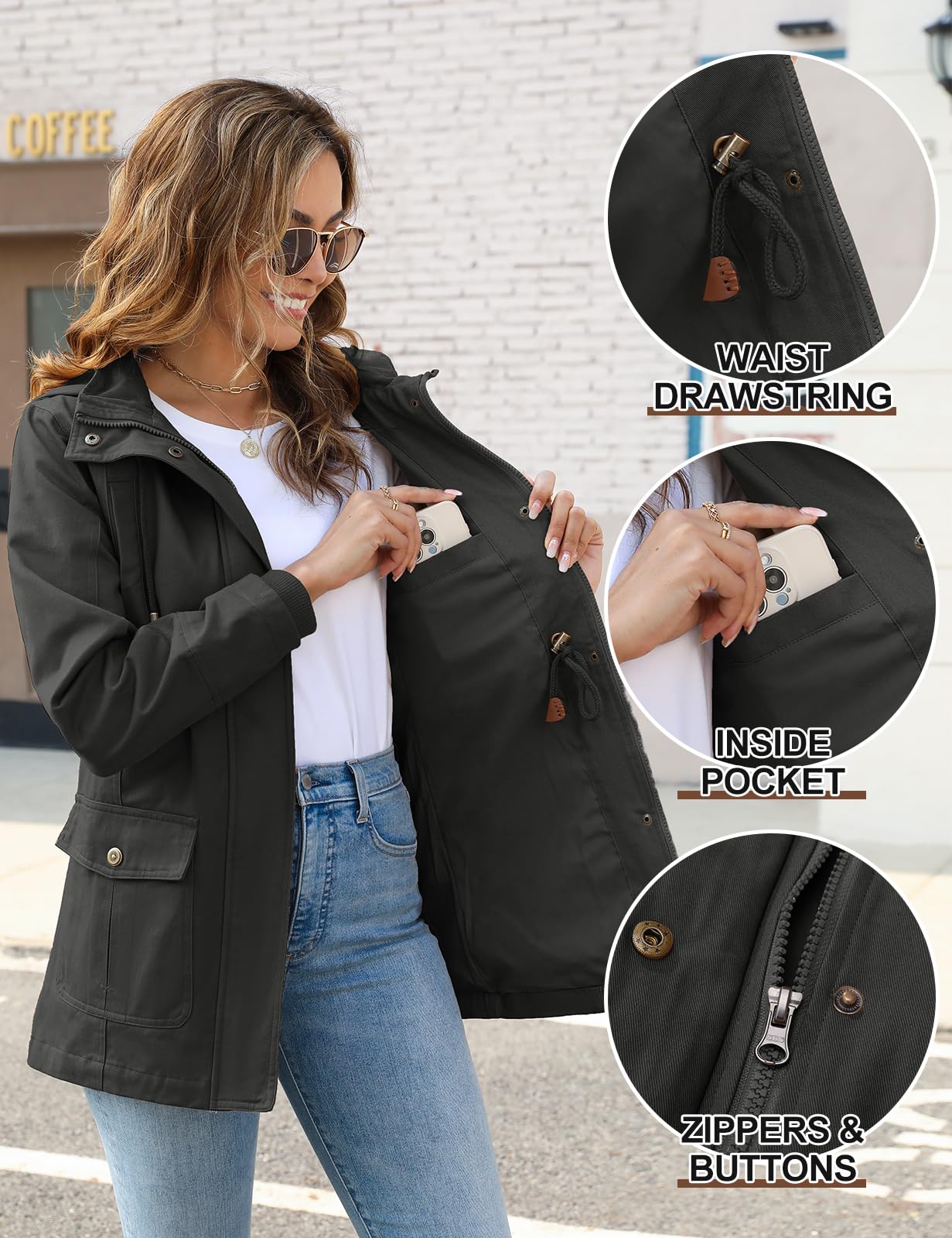 Vancavoo Veste Femme mi Saison Manteau Printemps Parka en Coton Blouson avec Capuche Légères et Décontractées Jacket Coat Classique Automne Hiver Outwear