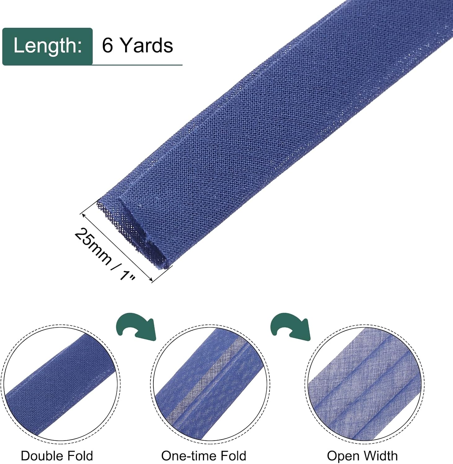 MECCANIXITY 1 Inch Double Fold Bias Tape Continuous Bulk Cotton Bias Tape for Sewing Seaming Quilting Hemming Binding Crafts (Medium Blue 6 Yards)
