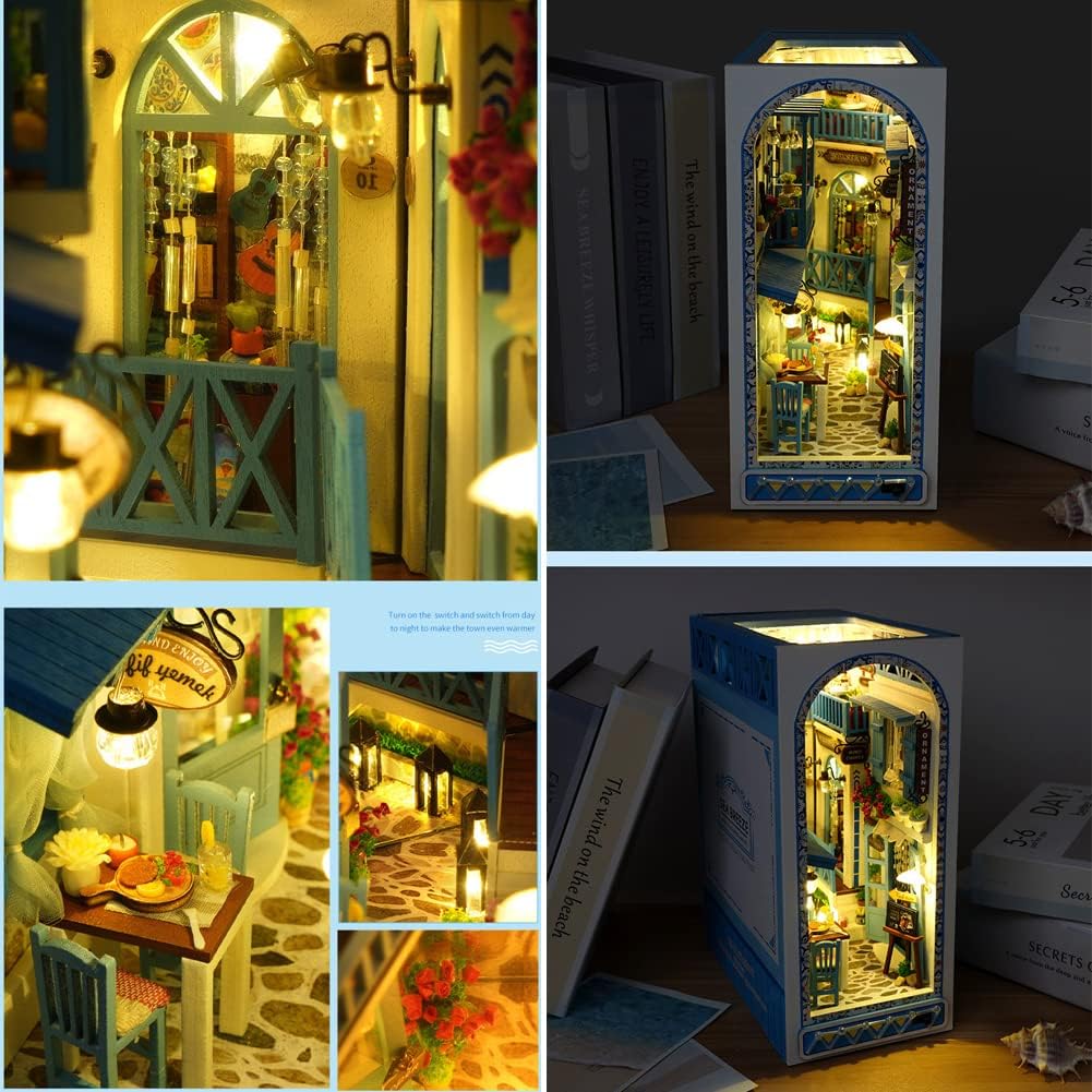 iiecrKiie3D Wooden Book Stand Puzzle DIY Dollhouse Wood Bookends Book Nook Model Building Kit with LED Light forAdults to Build-Creativity Gift for Birthdays (Land of The sea Breeze)