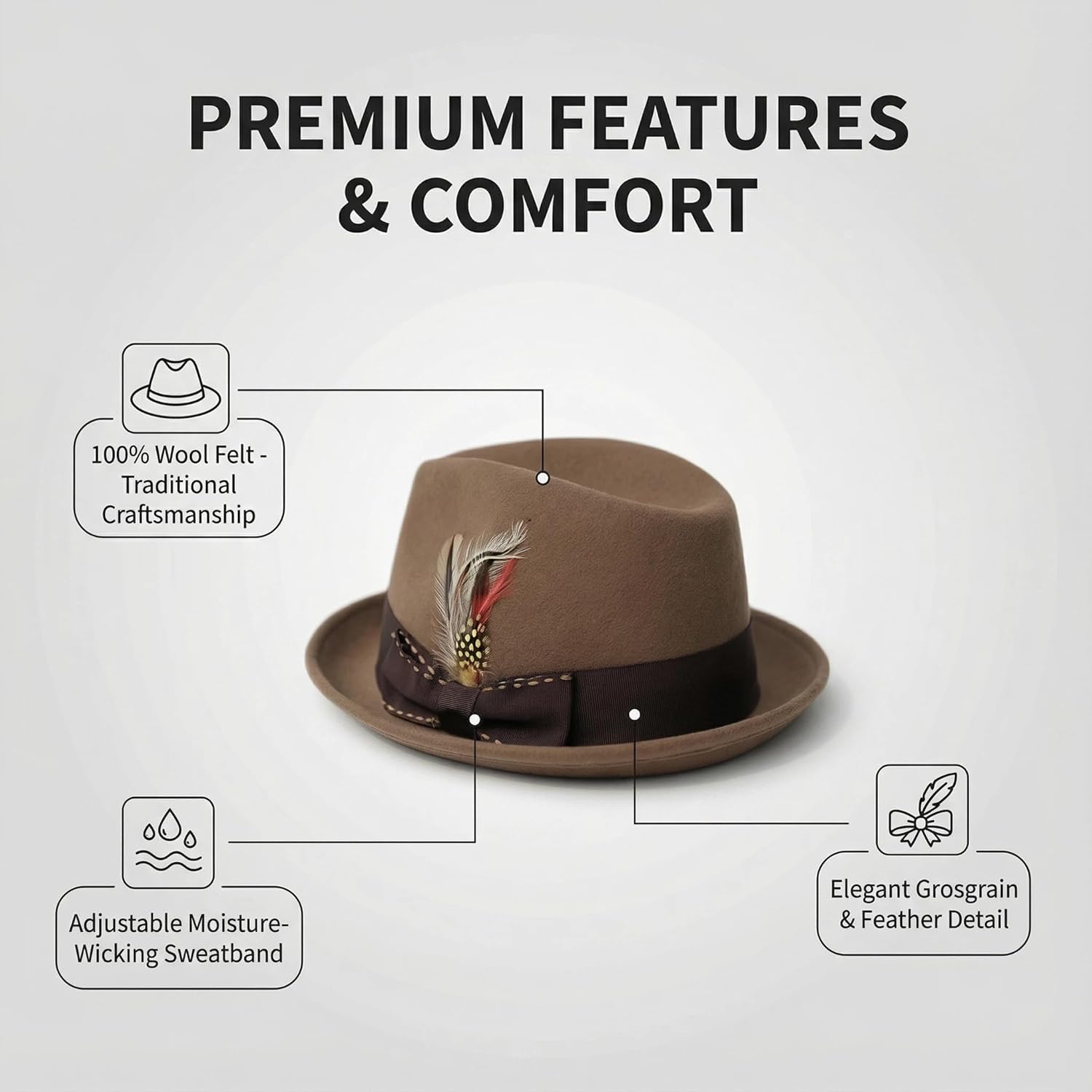 Home Prefer Men's Wool Felt Winter Hat Short Brim Fedora Hat with Feather - Image 2