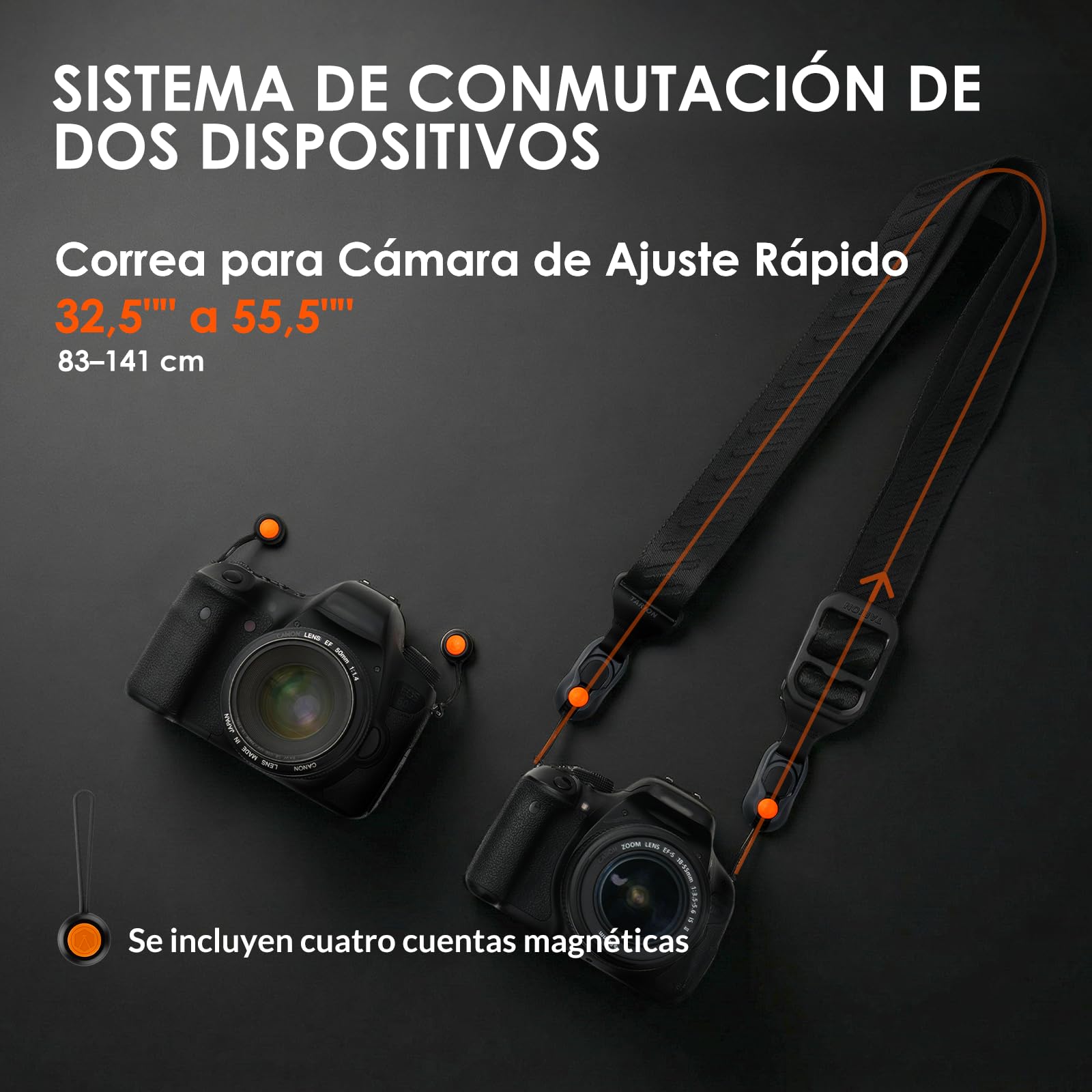 TARION Correa para Cámara de Liberación Rápida: Correa Magnética de Cuello y Hombro para DSLR - Longitud ajustable 83-141cm - Carga de 50 kg con anclajes de seguridad de cable Dyneema - Magislide