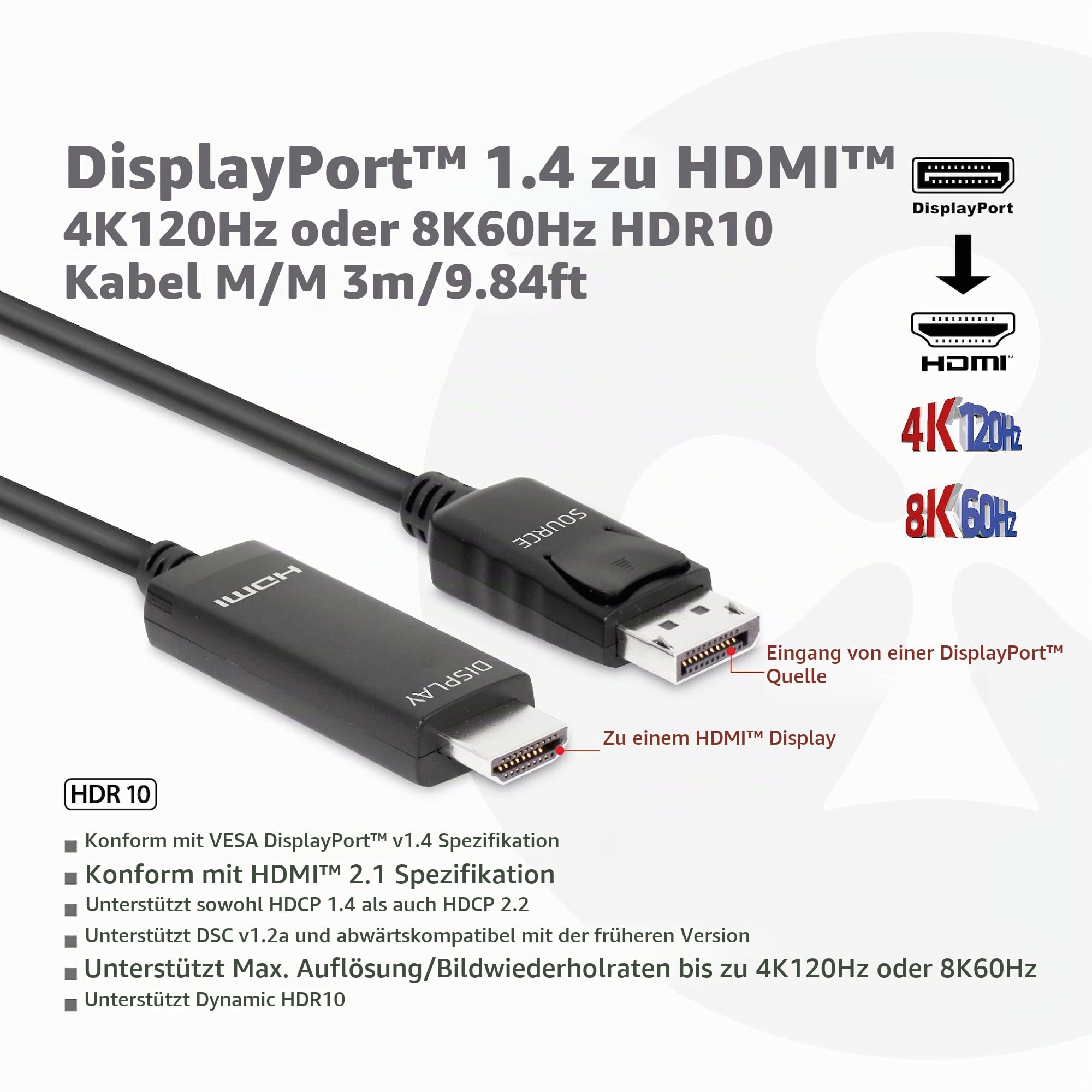 Club 3D DisplayPort 1.4 to HDMI 4K144Hz or 8K60Hz HDR10 cable 3m Kabel Digital/Display/Video 3 m