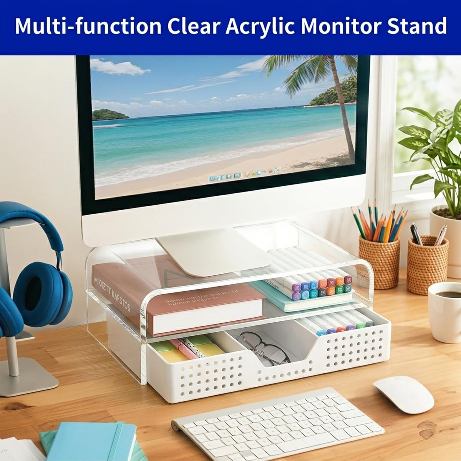 OPNICE Support de moniteur d'ordinateur en acrylique avec tiroir, organiseurs de bureau transparents à 2 niveaux et accessoires, accessoires de bureau, organisation de bureau pour fournitures de
